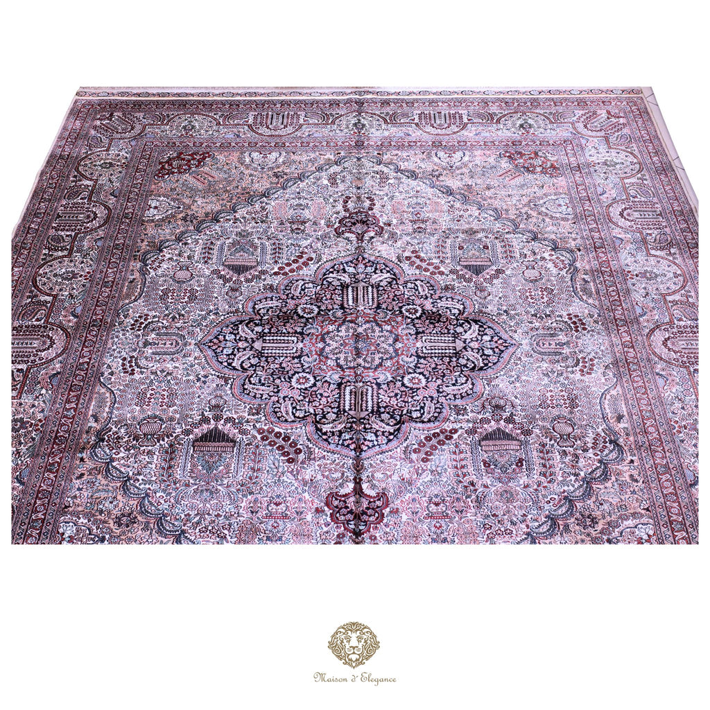 Decorative rug with intricate patterns on a white background
