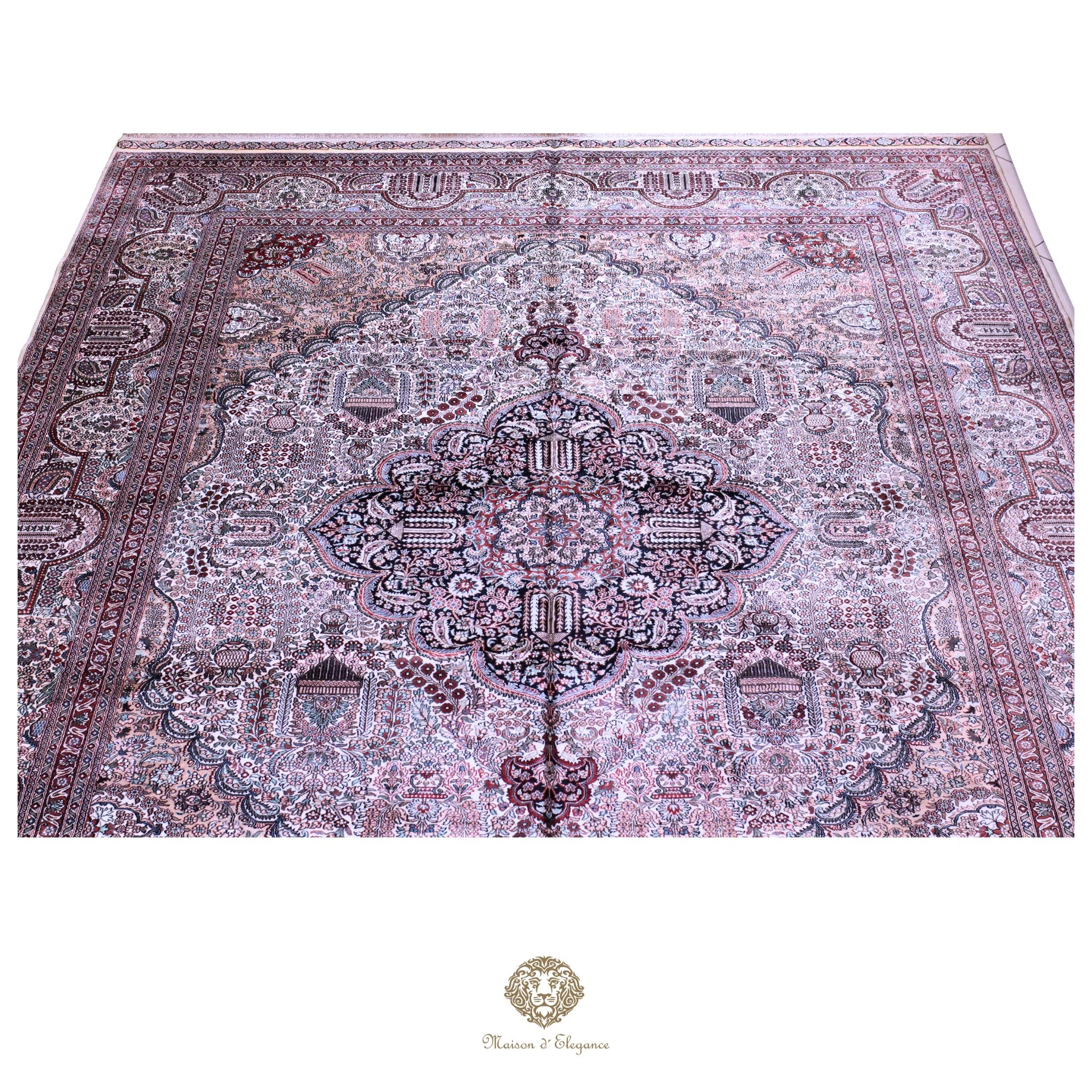 Decorative rug with intricate patterns on a white background