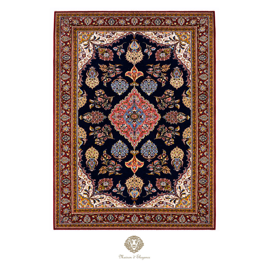 Decorative rug with intricate patterns on a navy background
