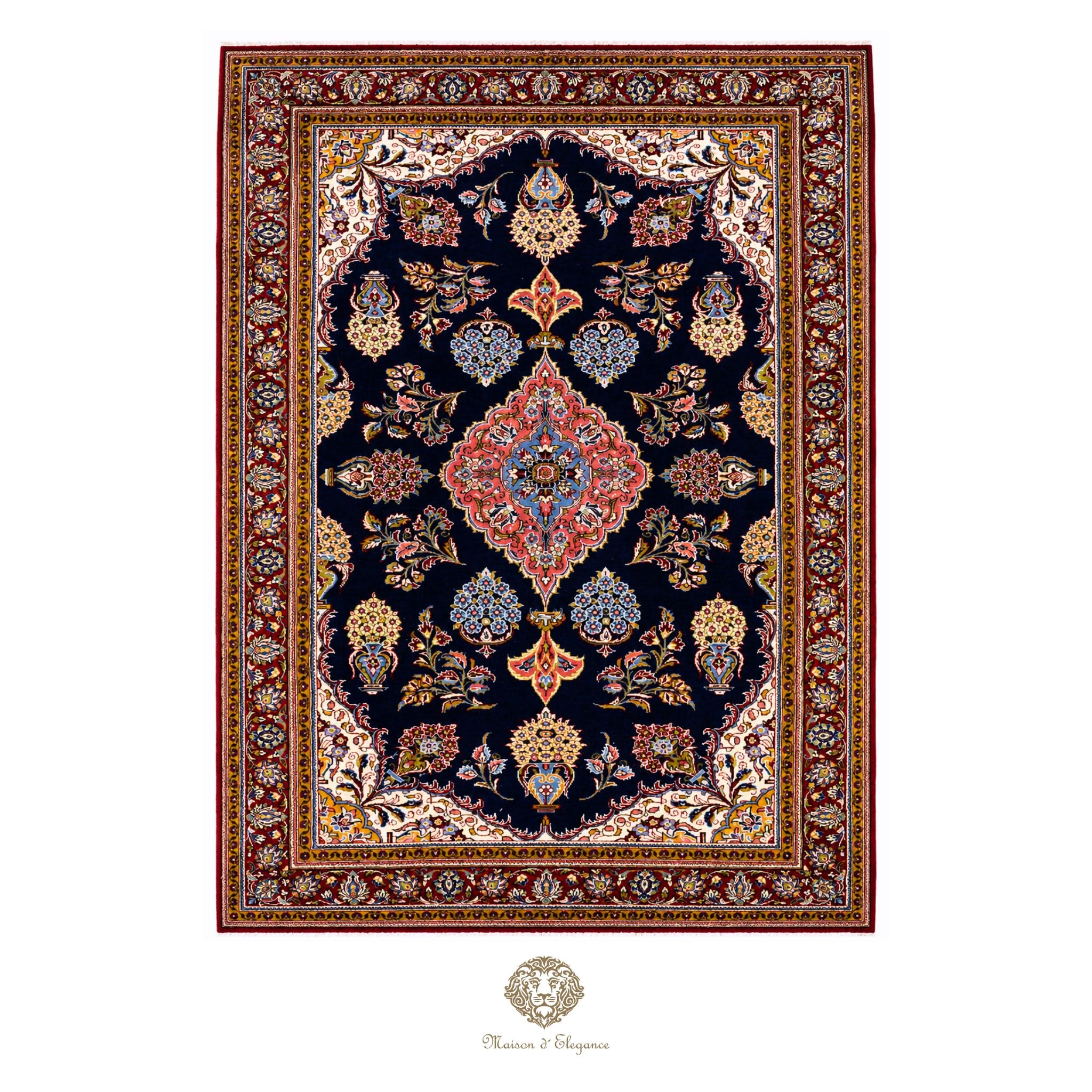 Decorative rug with intricate patterns on a navy background