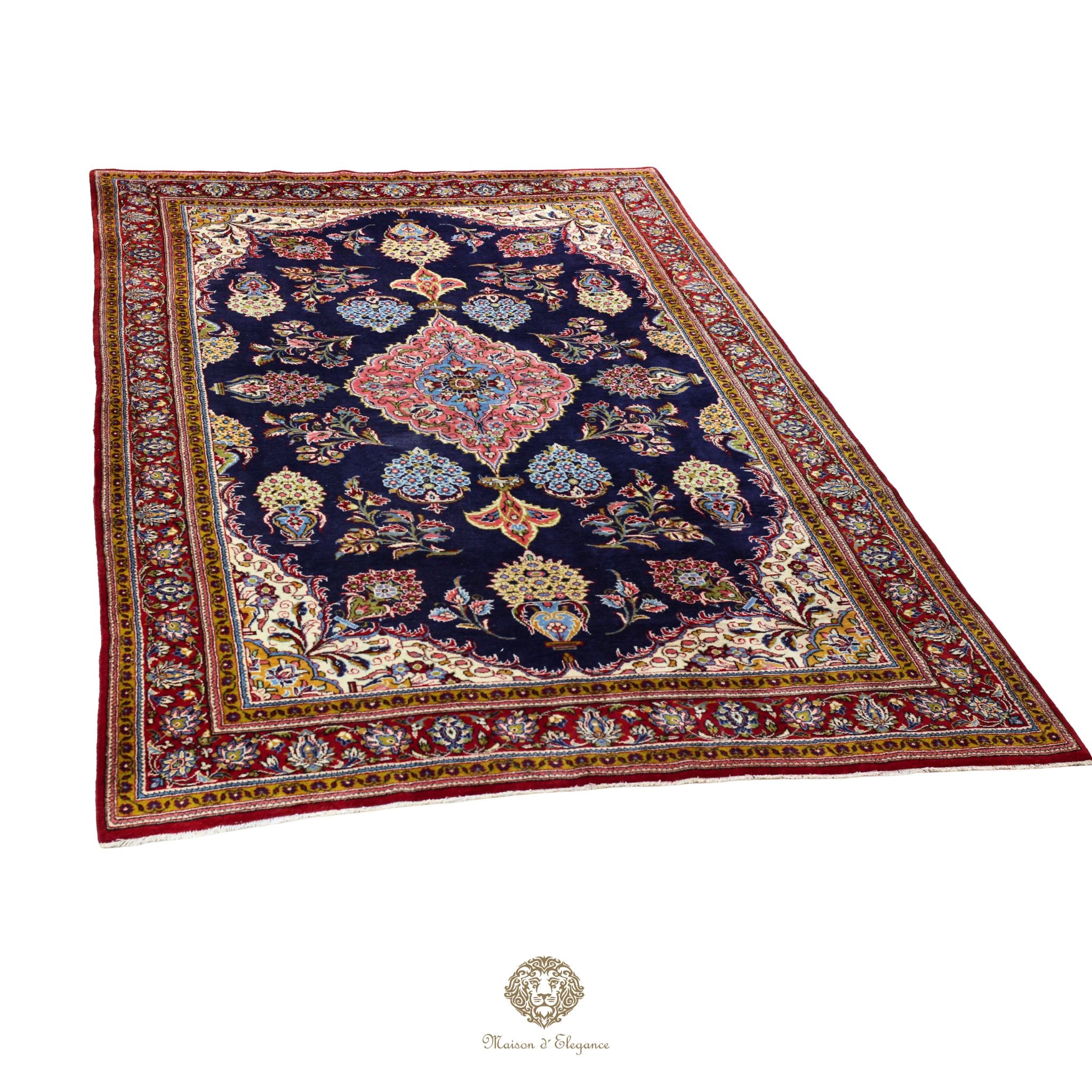 Decorative rug with intricate patterns on a navy background