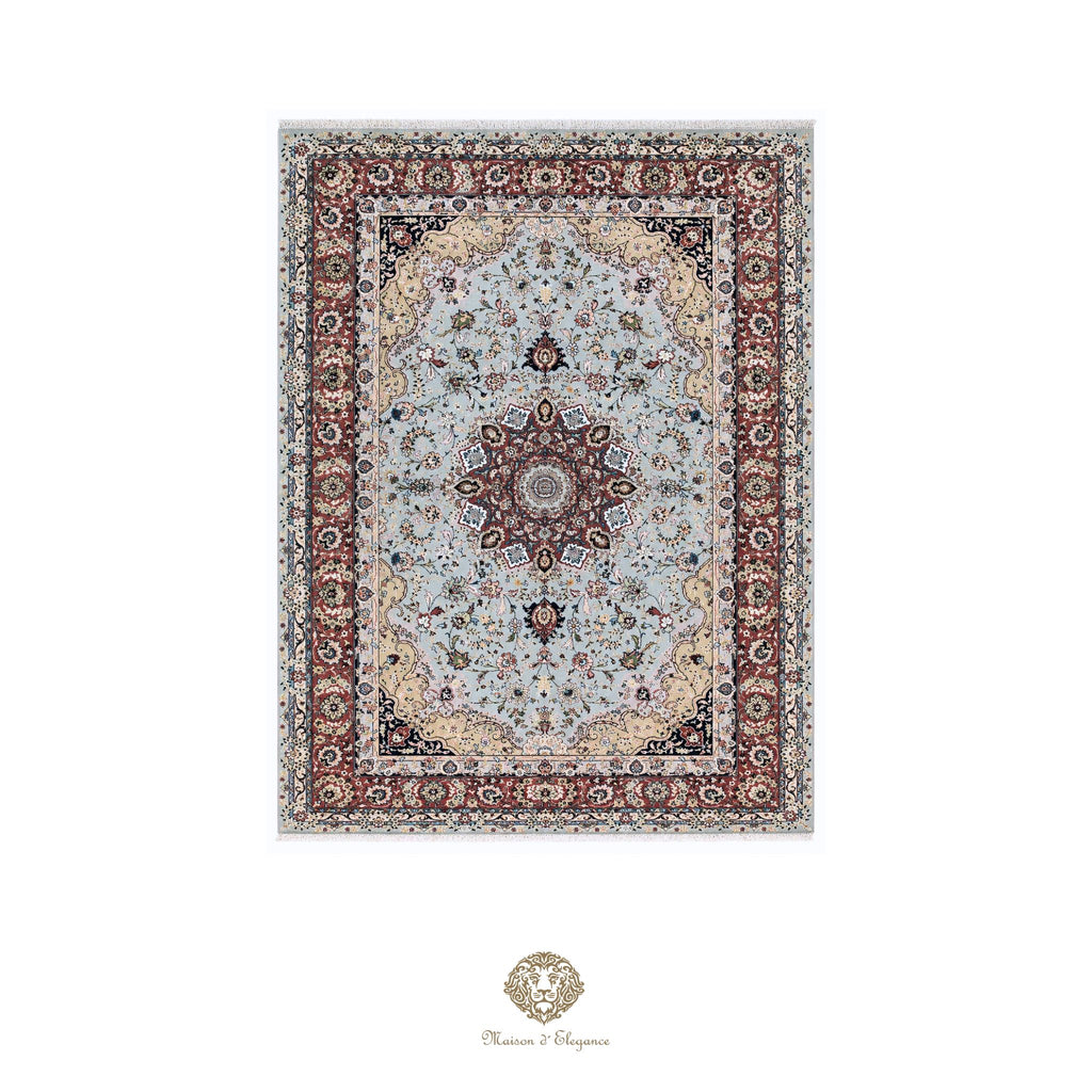 Decorative rug with intricate patterns on a azul background