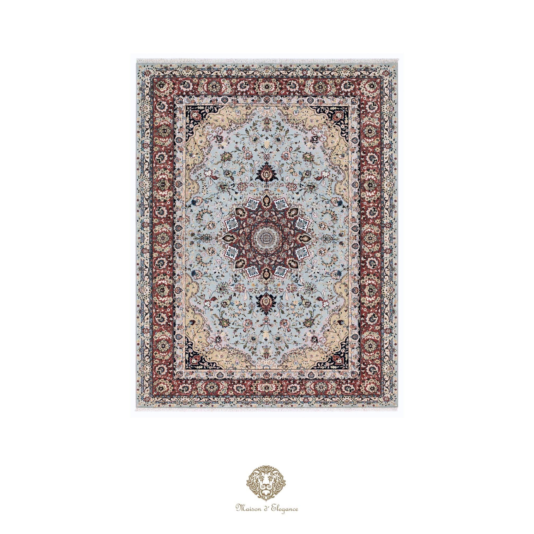 Decorative rug with intricate patterns on a azul background