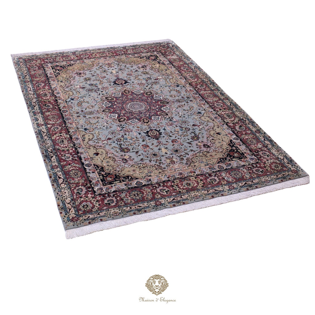 Decorative rug with intricate patterns on a white background