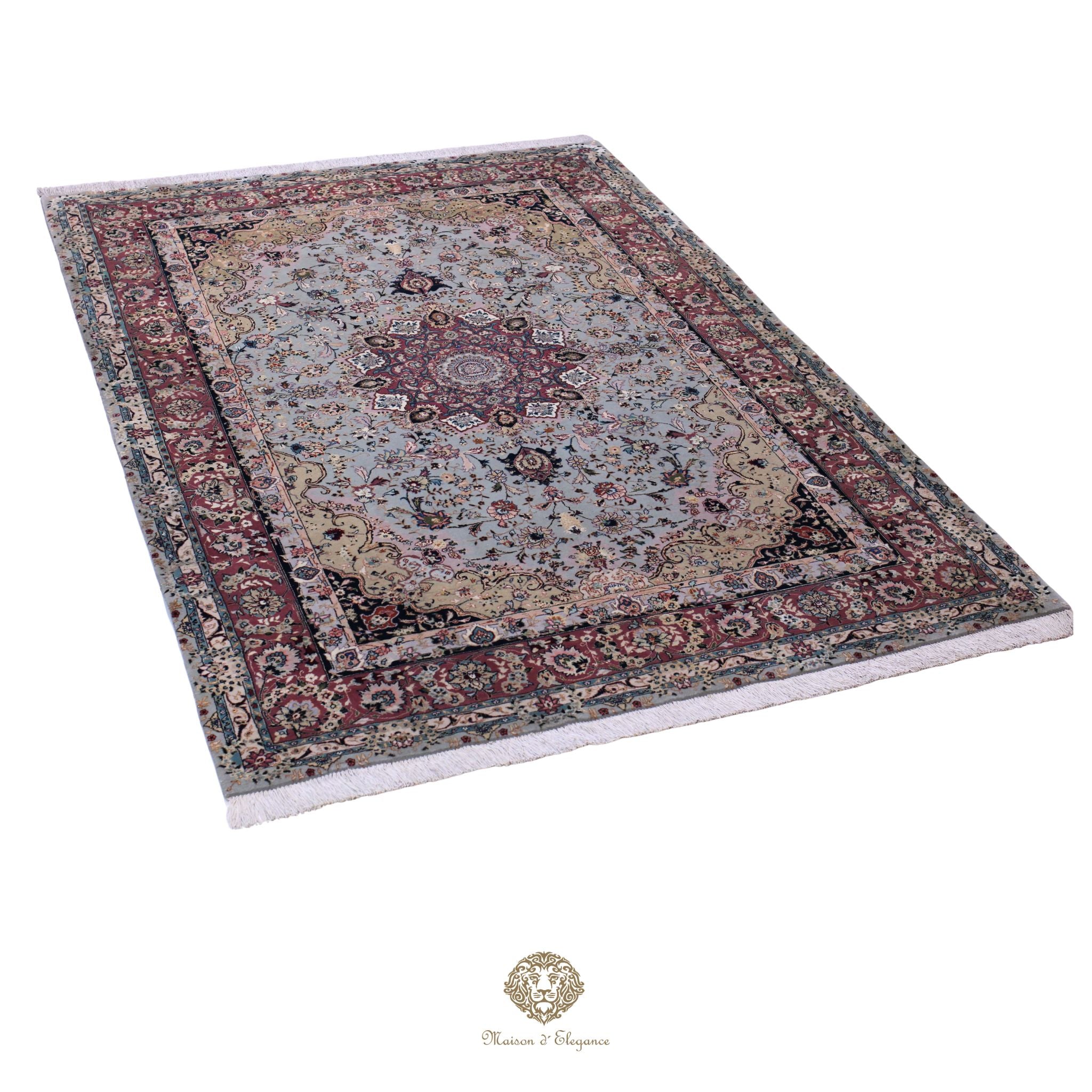 Decorative rug with intricate patterns on a white background
