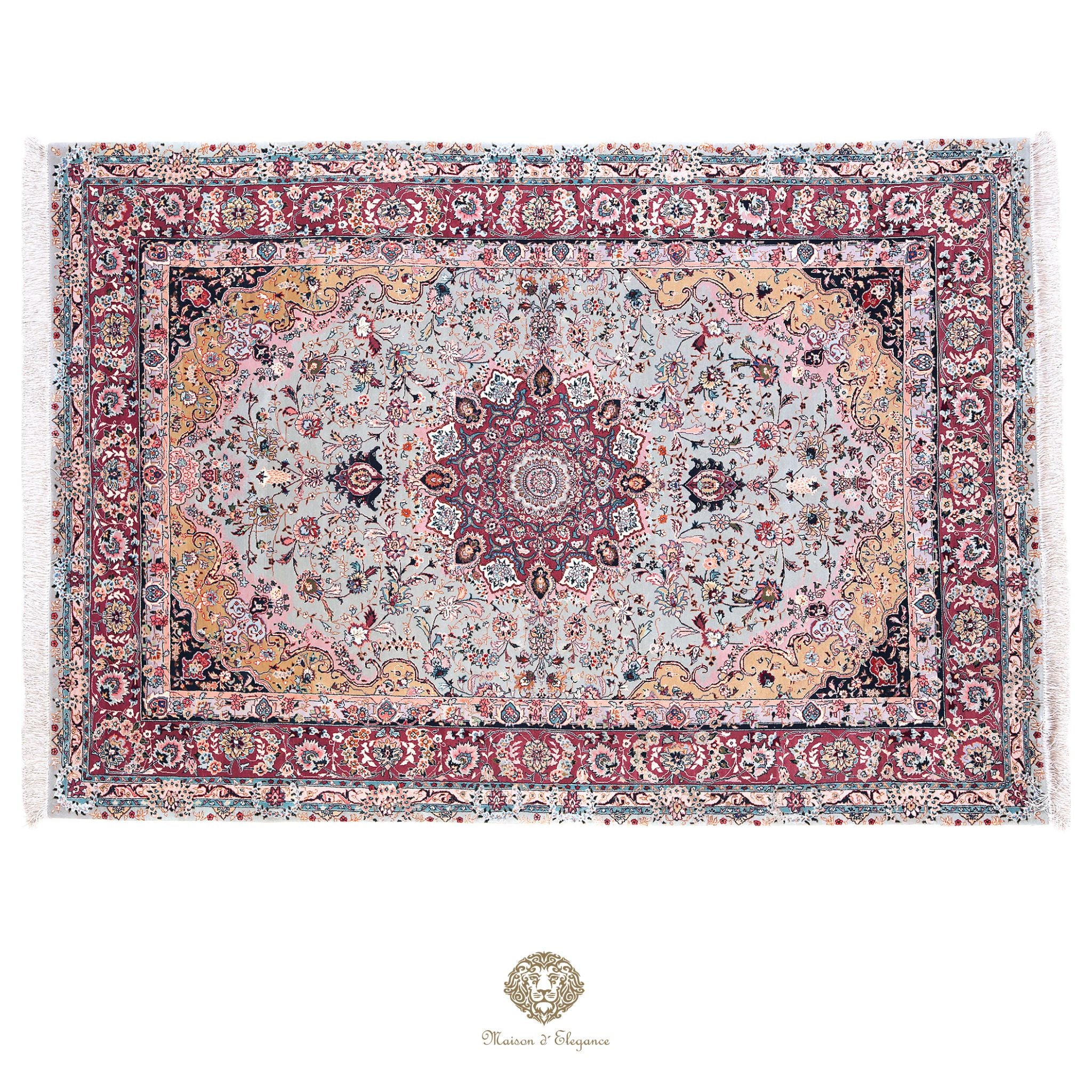 Alfombra persa Tabriz de lujo, lana y seda superfina | Diseño de medallón floral en azul claro, 147 x 215 cm