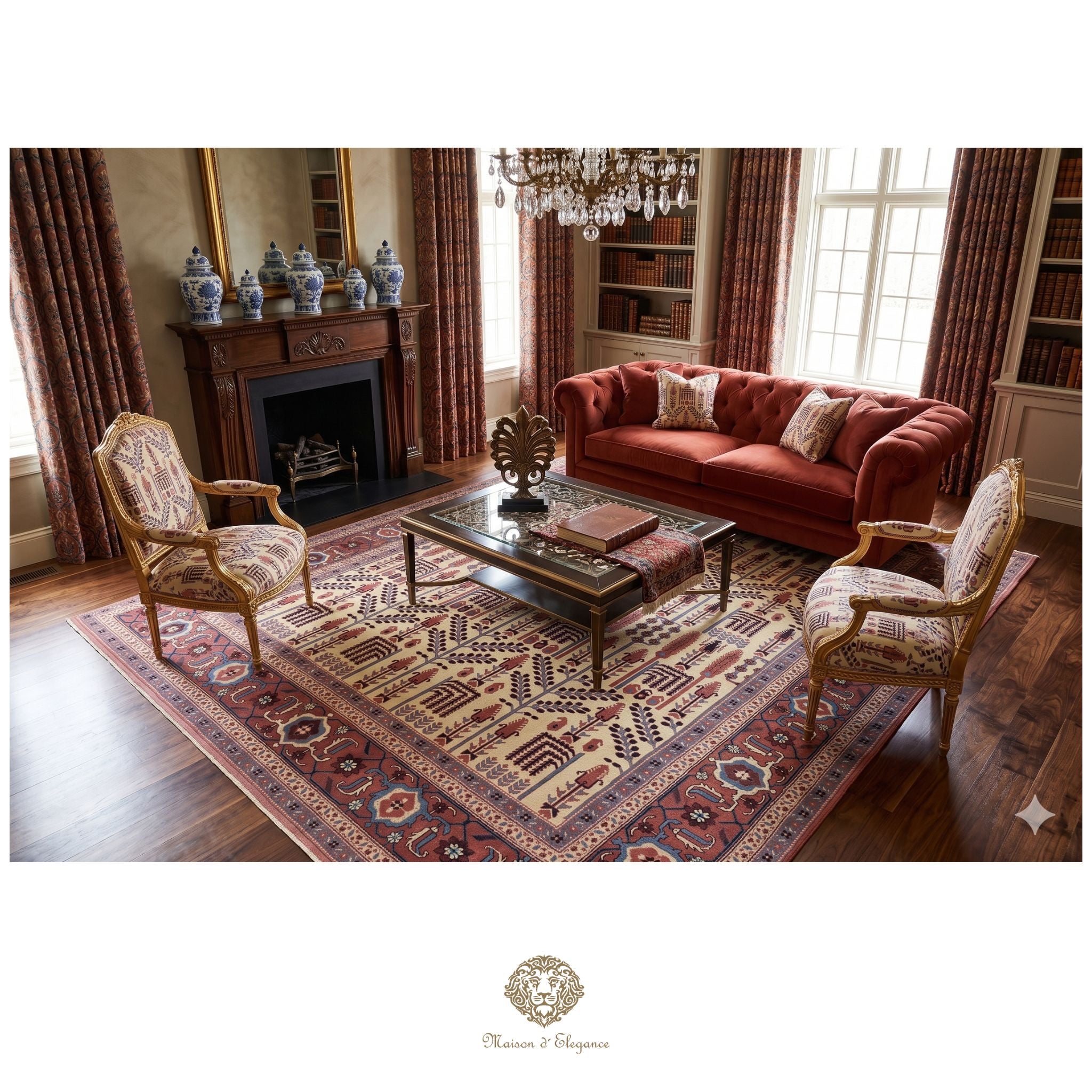 Living room with red sofa, armchairs, and a coffee table on a patterned rug.