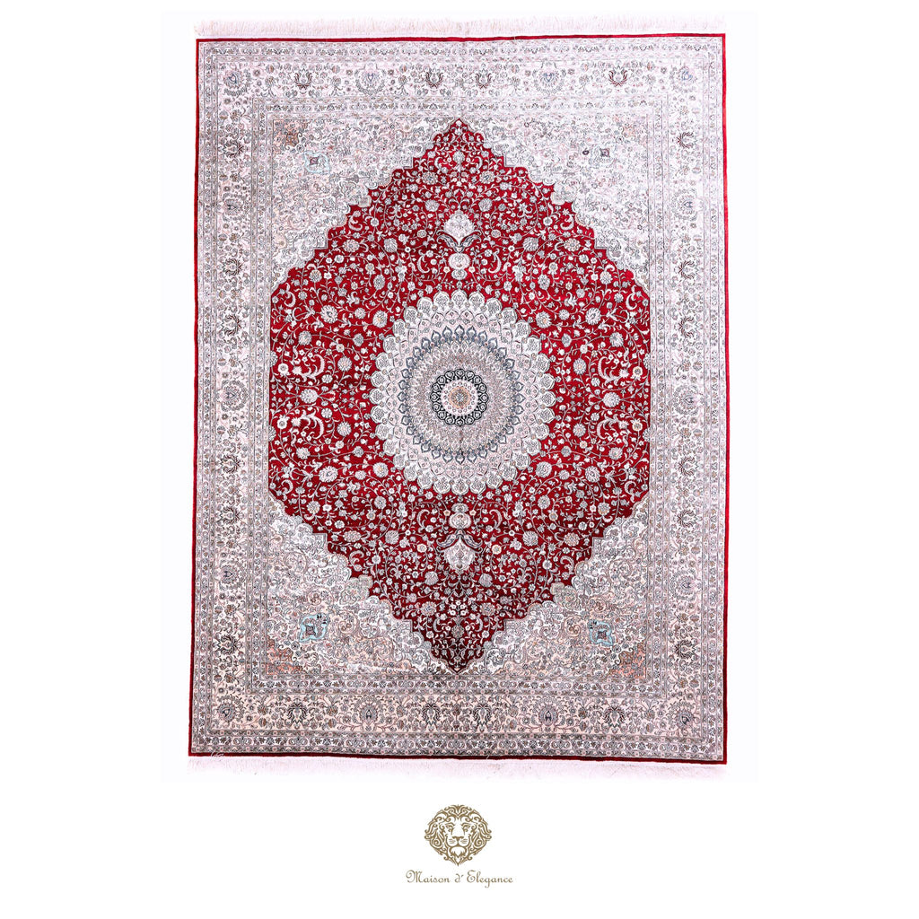Decorative rug with a red and white pattern on a rojo background