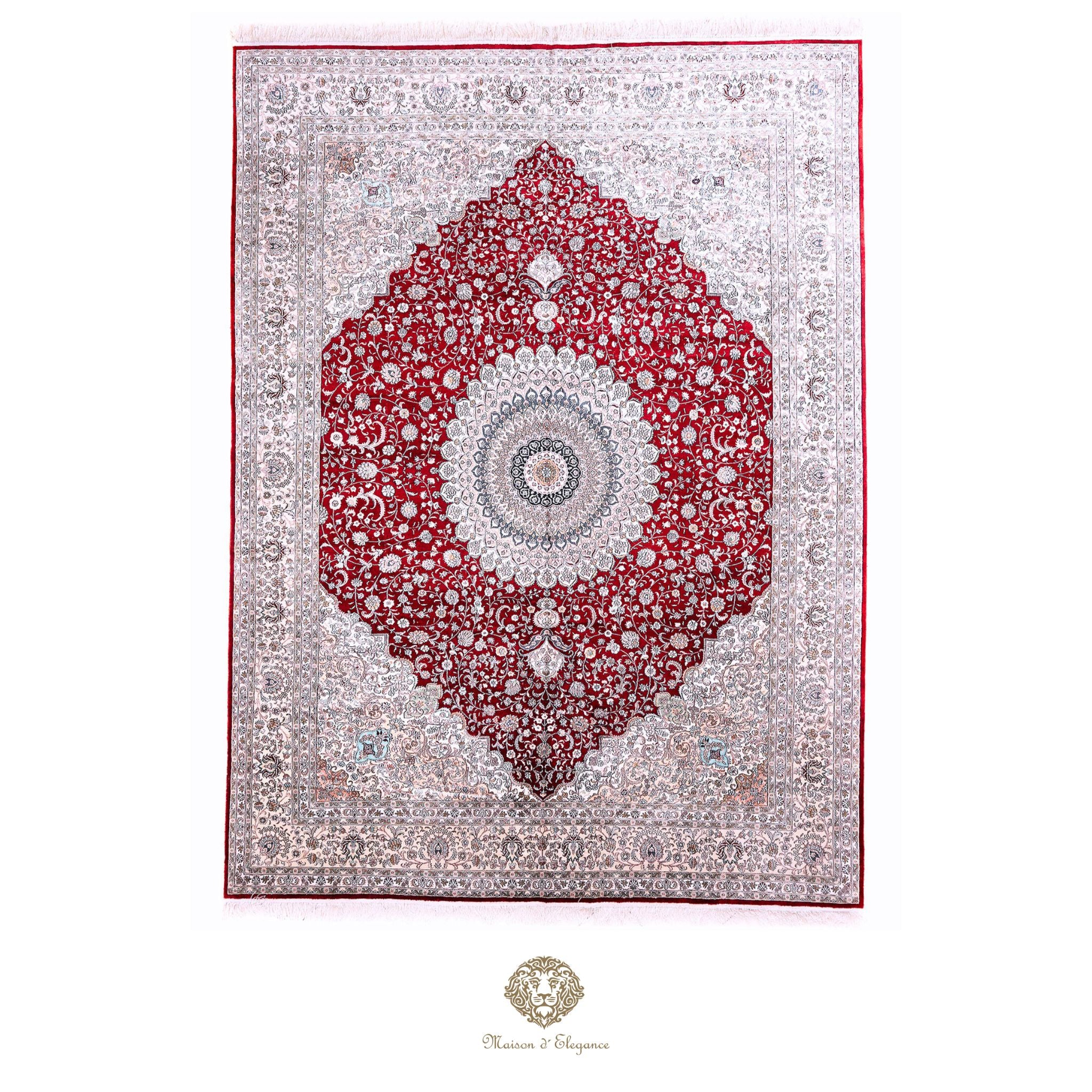 Decorative rug with a red and white pattern on a rojo background