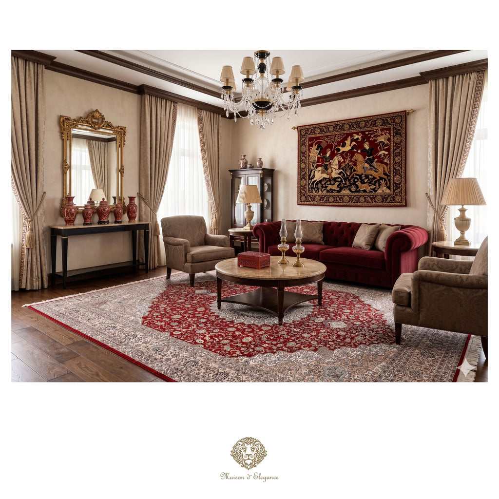 Luxurious living room with red sofa, wooden coffee table, and decorative elements.