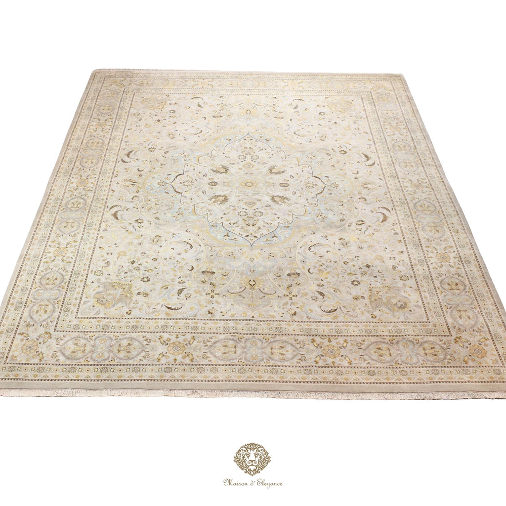 Alfombra de lana estilo Tabriz, color gris superfino con diseño floral de medallón | Elegancia 302x420 cm