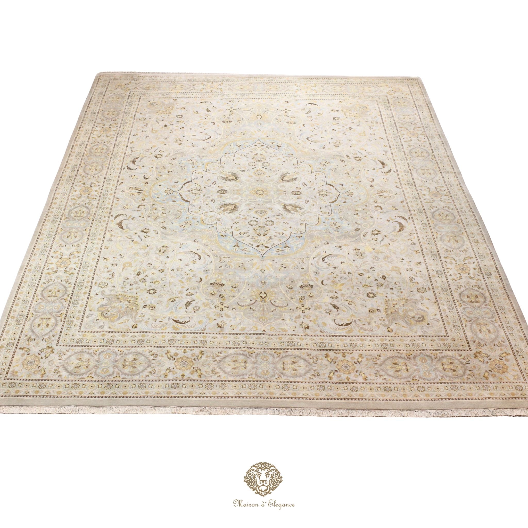Alfombra de lana estilo Tabriz, color gris superfino con diseño floral de medallón | Elegancia 302x420 cm