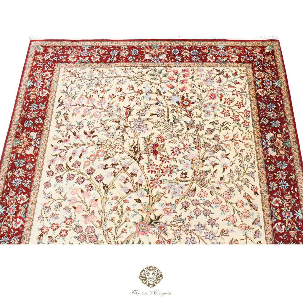 Alfombra persa exclusiva de seda pura - Obra maestra anudada a mano con tintes naturales, firmada, 99 x 154 cm, diseño del árbol de la vida