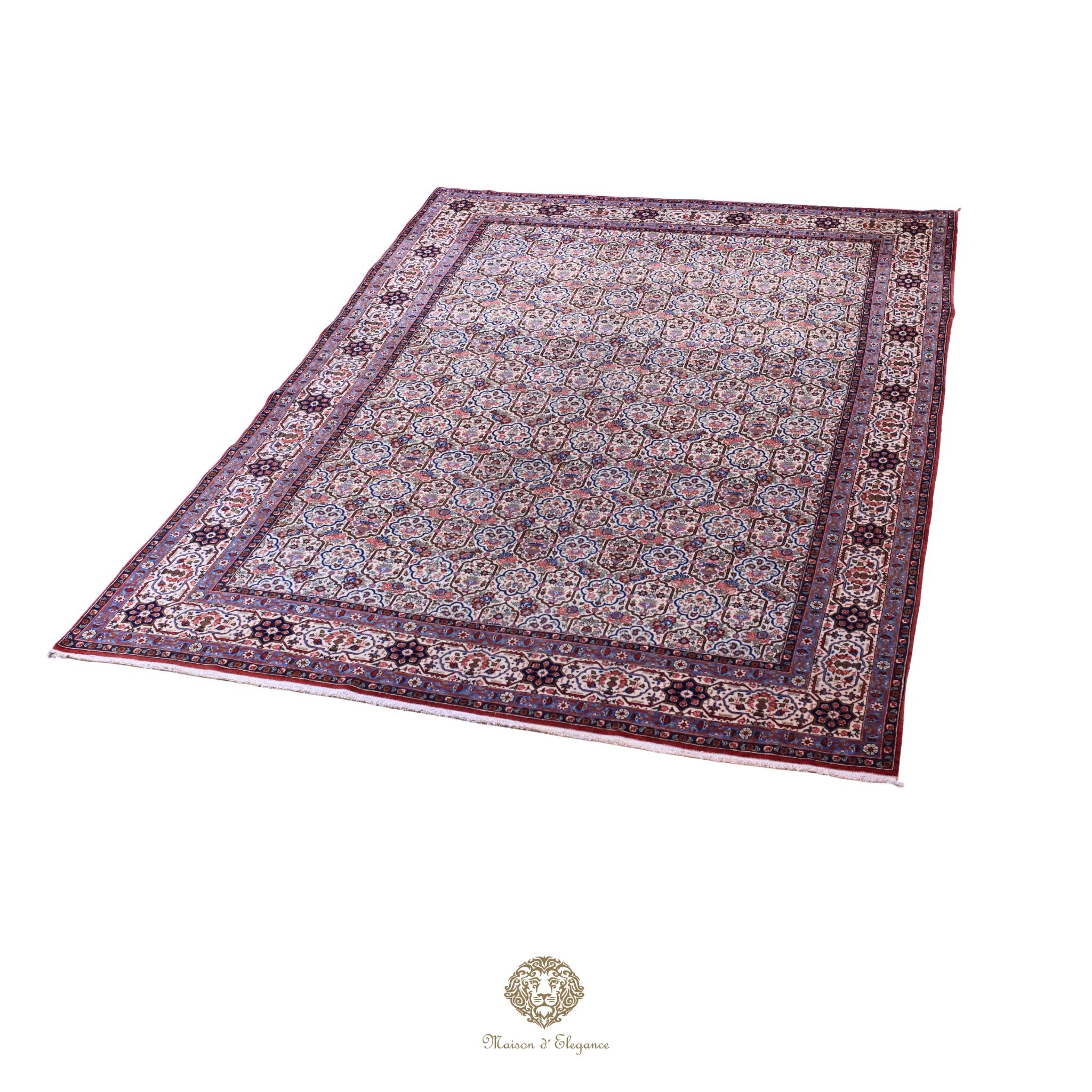 Alfombra persa antigua de lana Qum | Diseño floral integral 218 x 340 cm