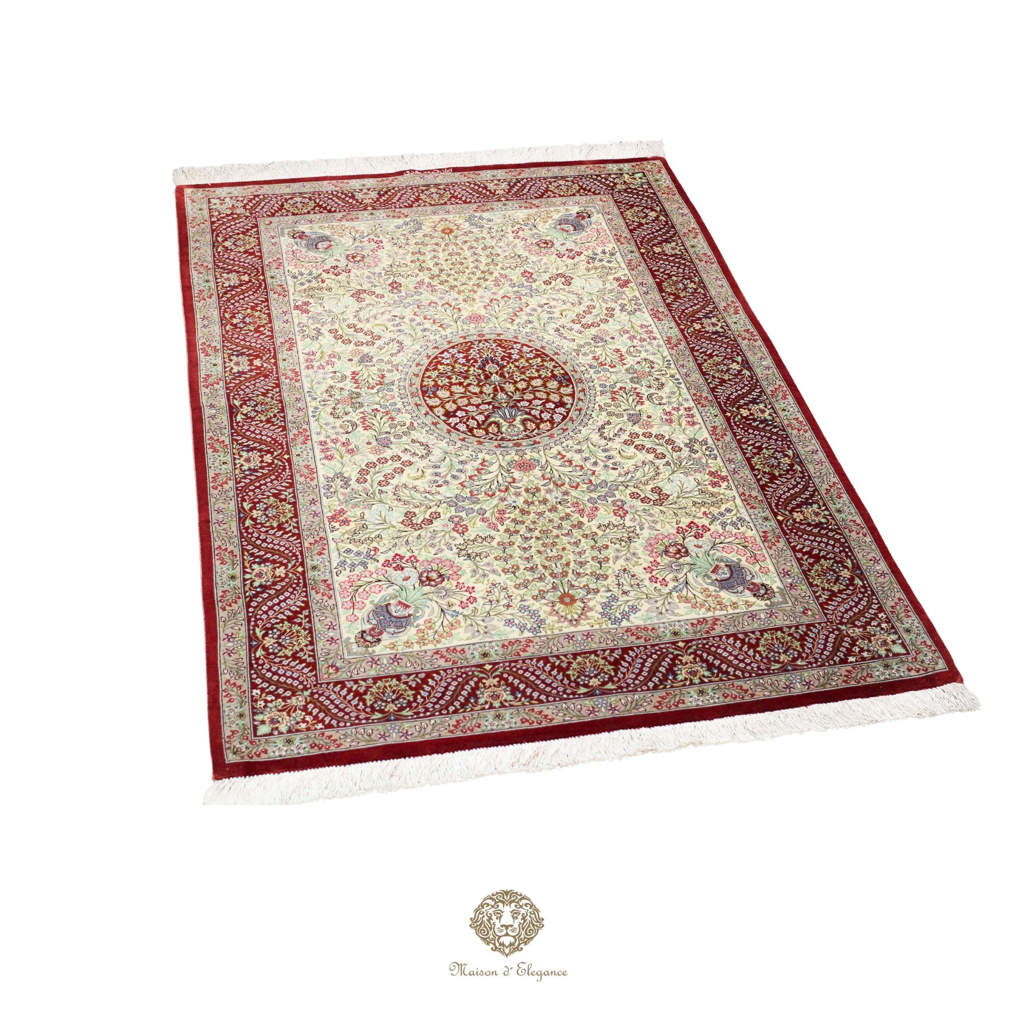 Alfombra persa exclusiva quom de seda pura - Obra maestra anudada a mano con tintes naturales, firmada, 101 x 156 cm, diseño medalion