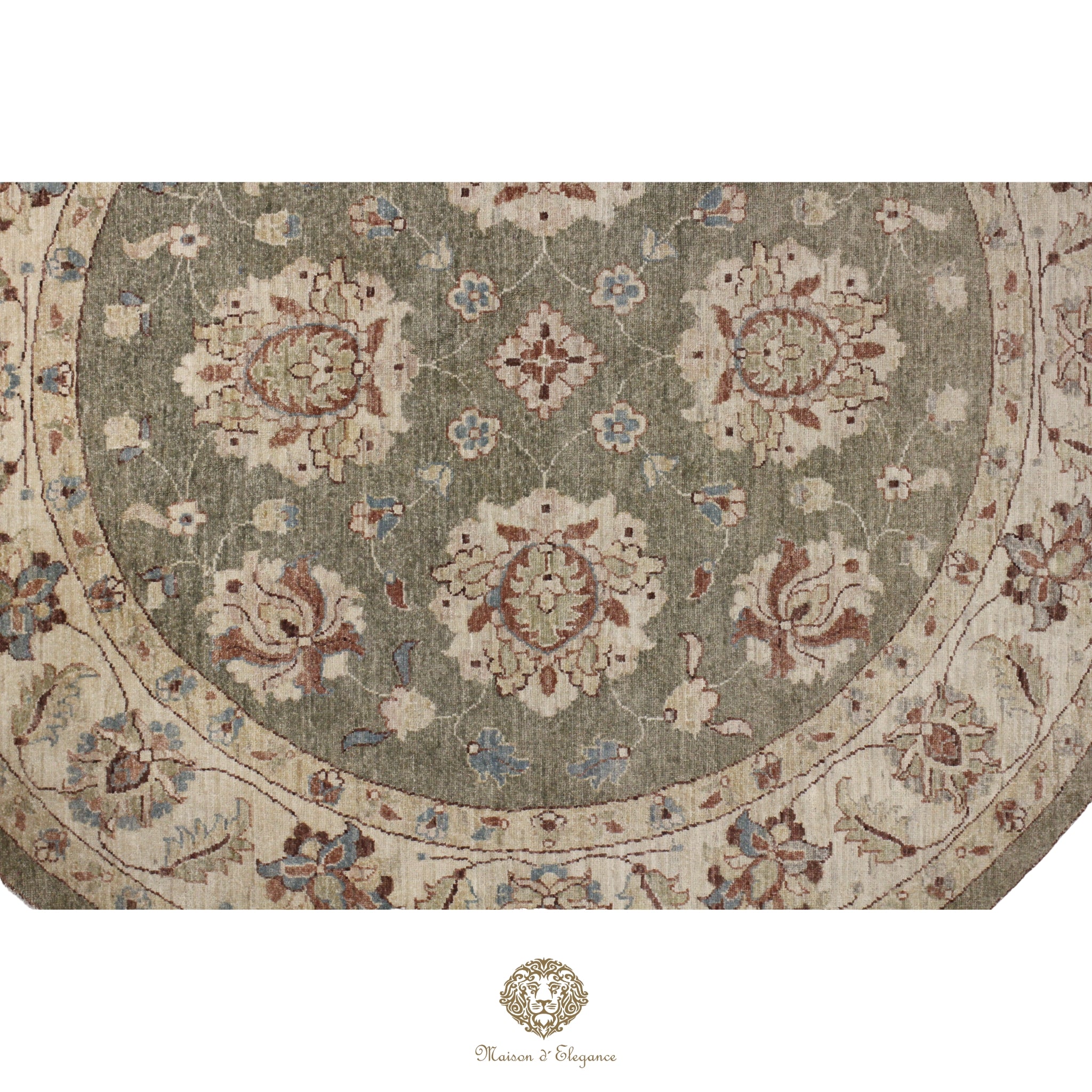 Alfombra Persa Redonda Kashan Anudada a Mano | Lana Verde con Diseño Floral 200x200 cm diametro