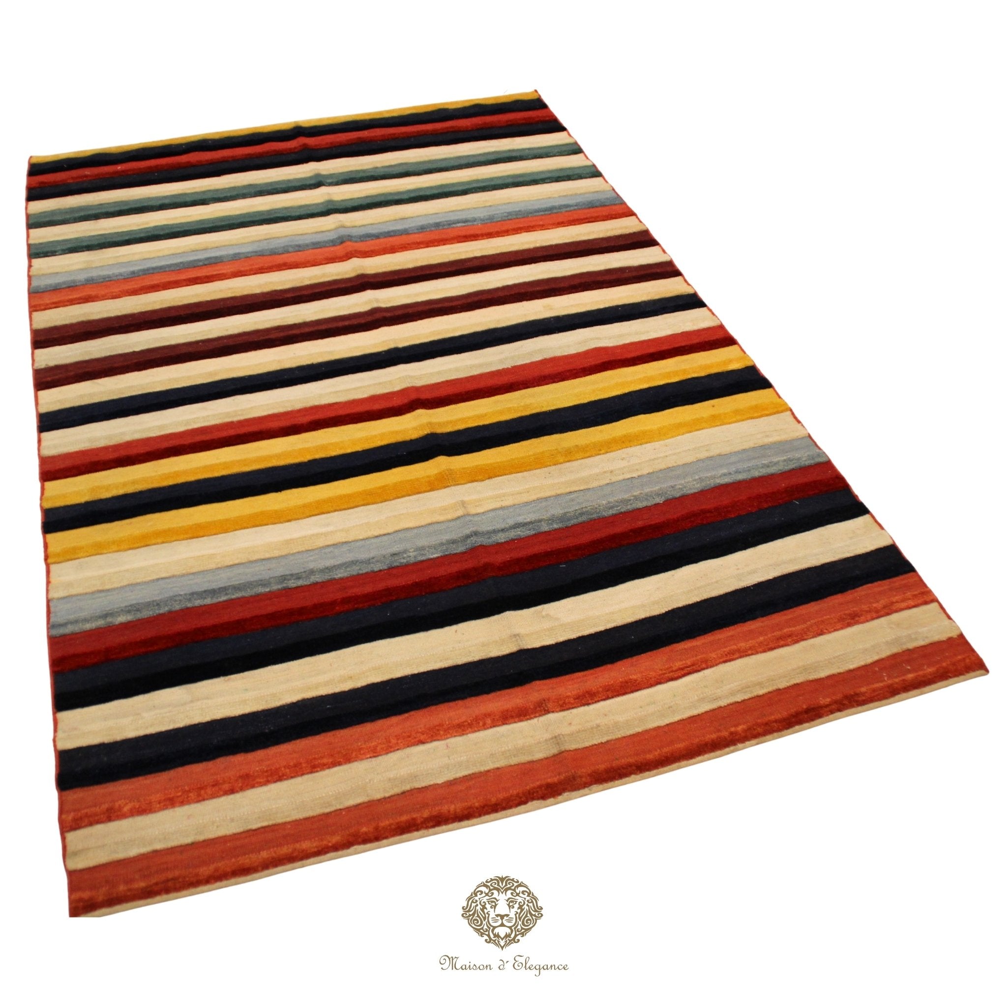 Striped area rug with multicolor pattern on a white background