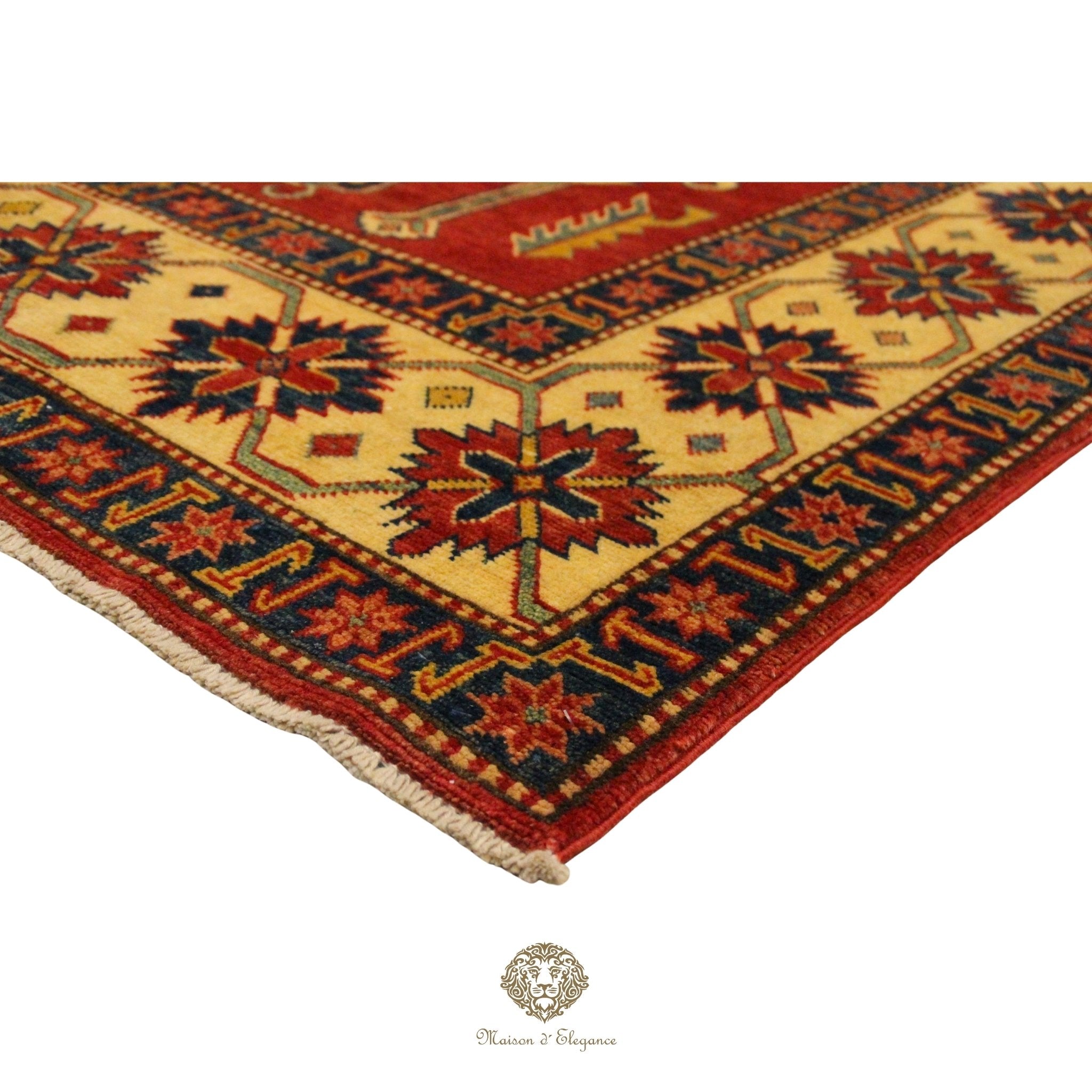 Decorative rug with geometric pattern on a Burgundy background