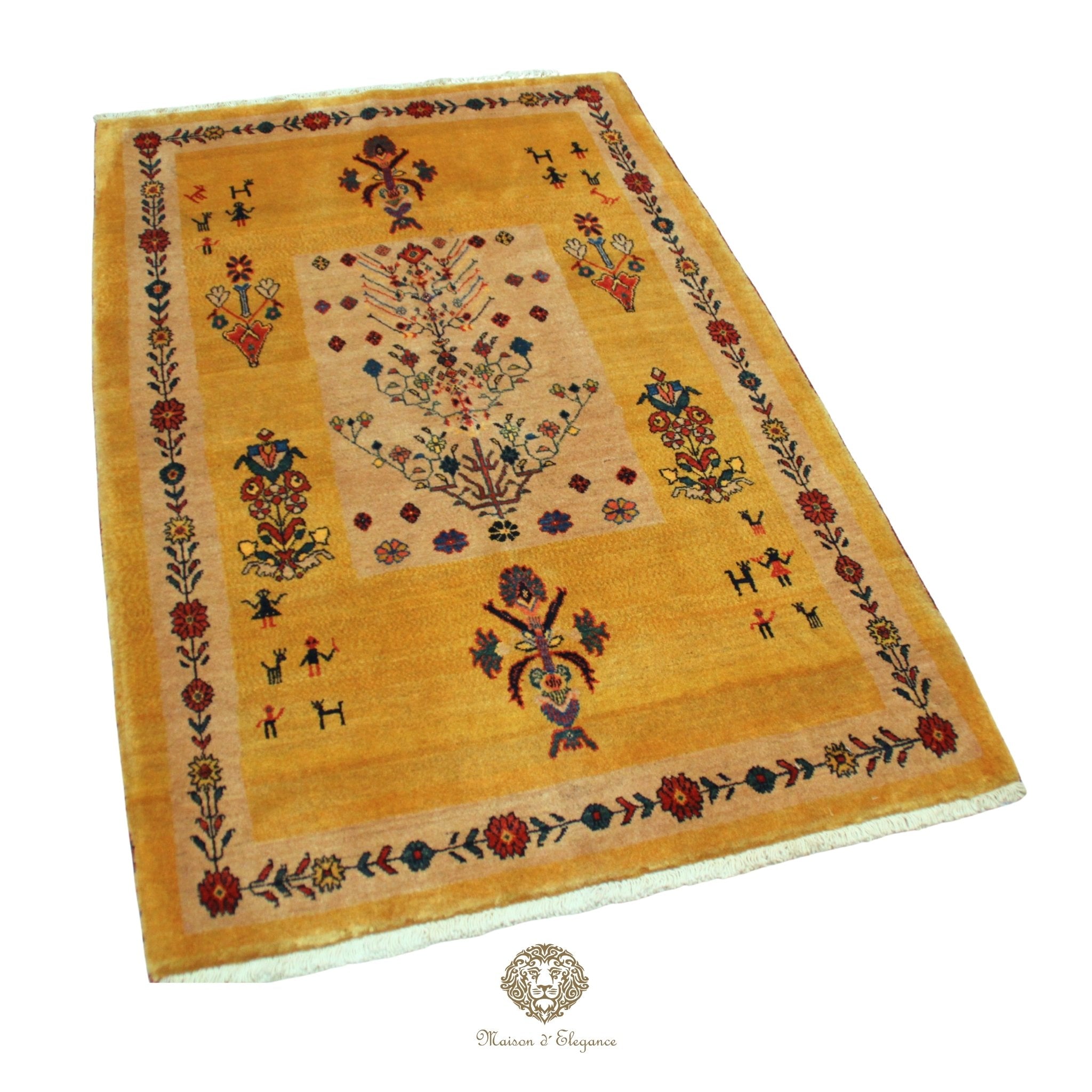 Decorative rug with floral and geometric patterns on a  gold background