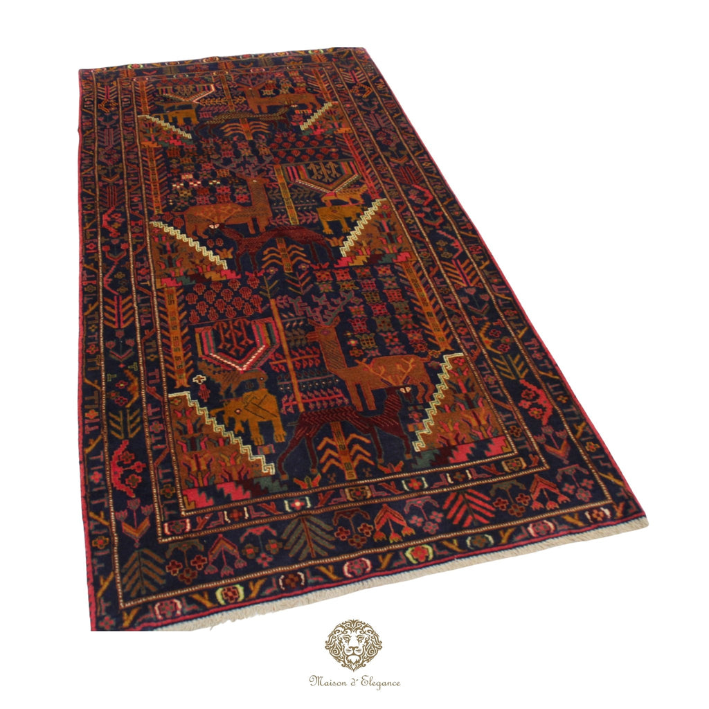 Decorative rug with intricate patterns on a navy background