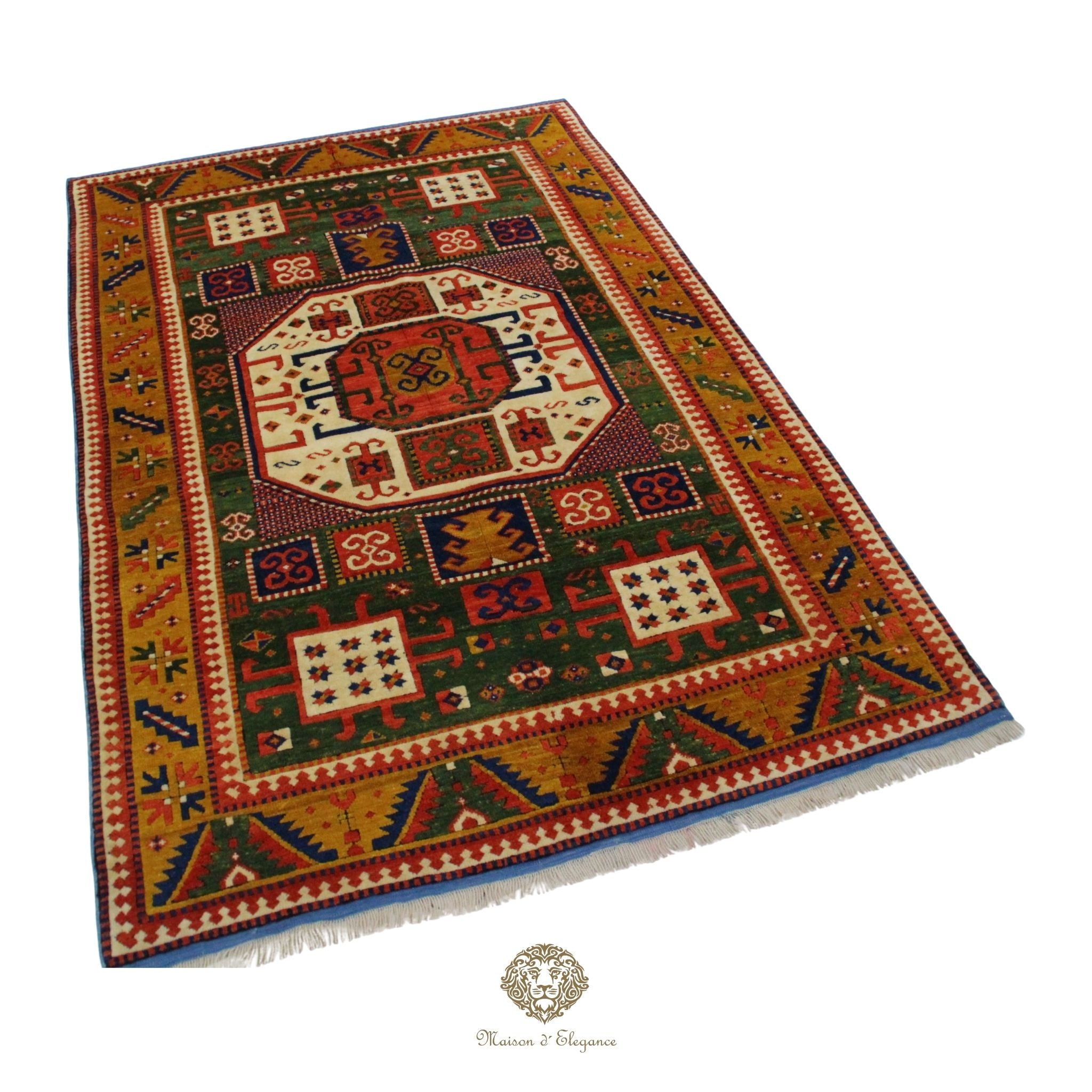 Decorative rug with intricate patterns on a Green background