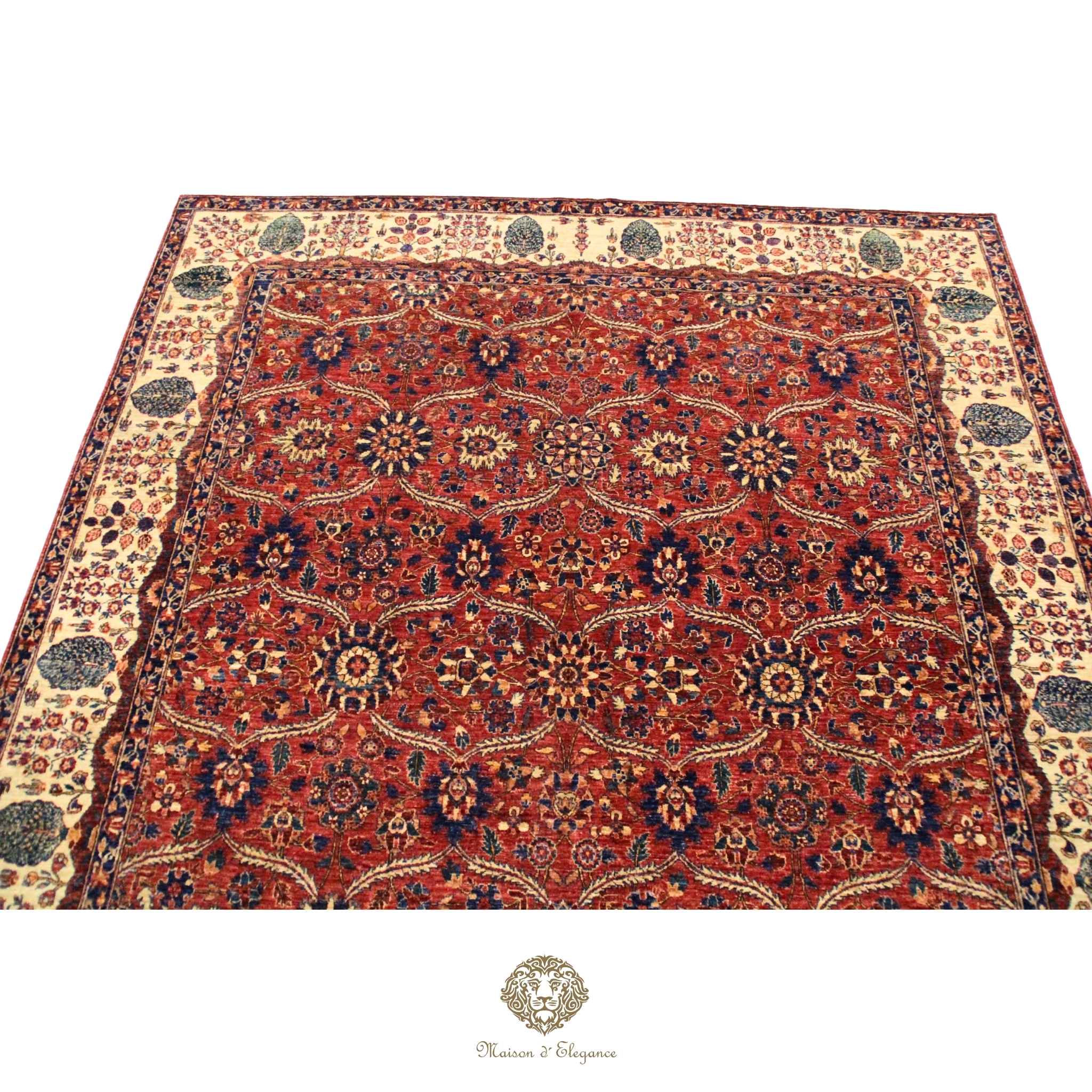 Decorative rug with intricate patterns on a red background