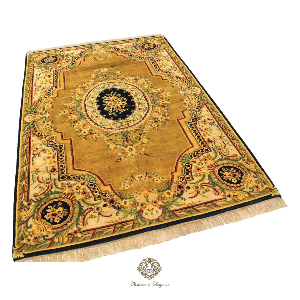 Decorative rug with intricate patterns on a brown background