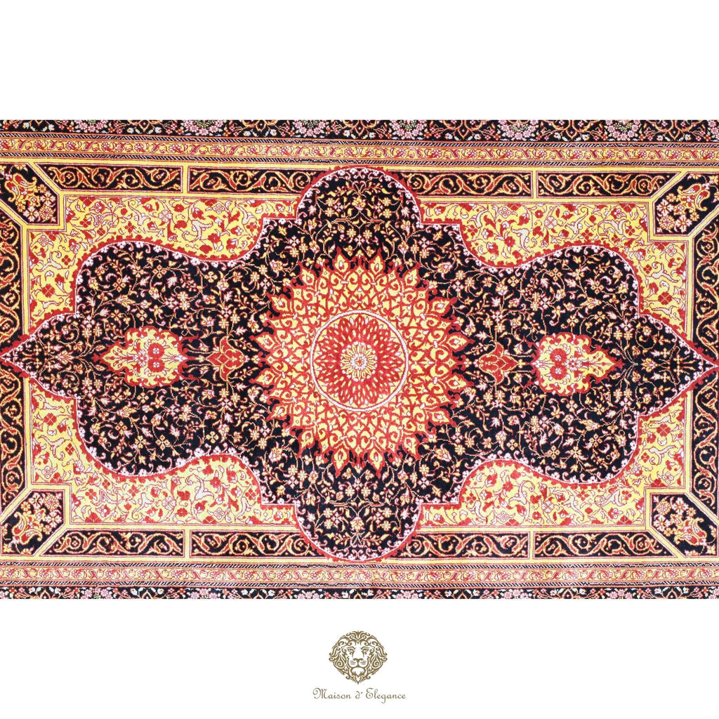 Alfombra persa exclusiva de seda pura, anudada a mano, teñida con tintes naturales, obra maestra con diseño de medallón, firmada, 97x150 cm