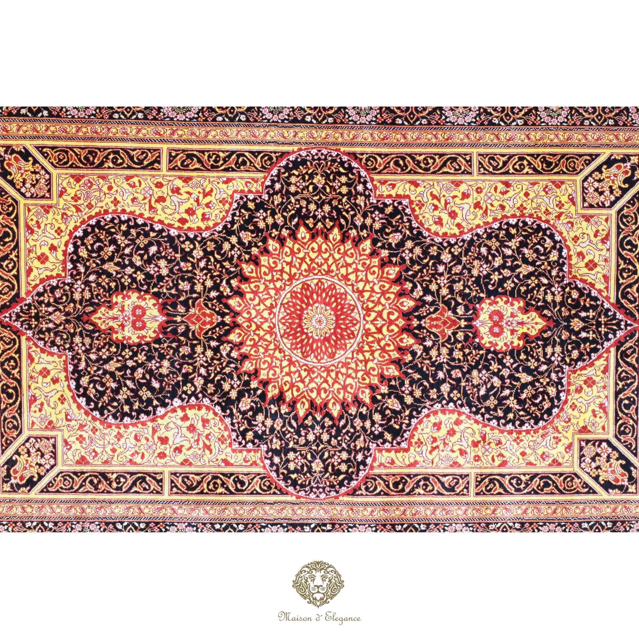 Alfombra persa exclusiva de seda pura, anudada a mano, teñida con tintes naturales, obra maestra con diseño de medallón, firmada, 97x150 cm