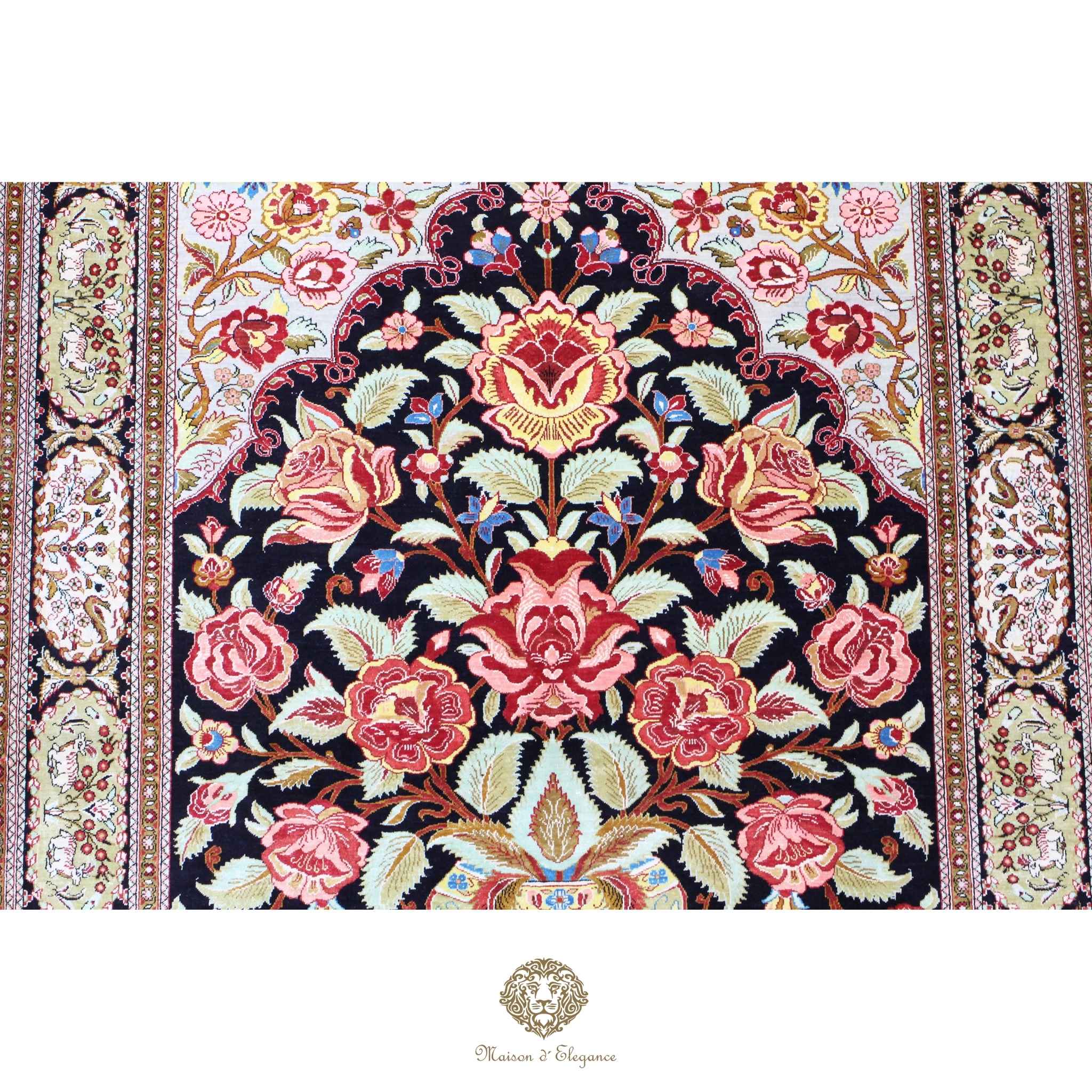 Alfombra persa exclusiva de seda pura - Obra maestra anudada a mano con tintes naturales, firmada, 105 x 157 cm, diseño de oración floral