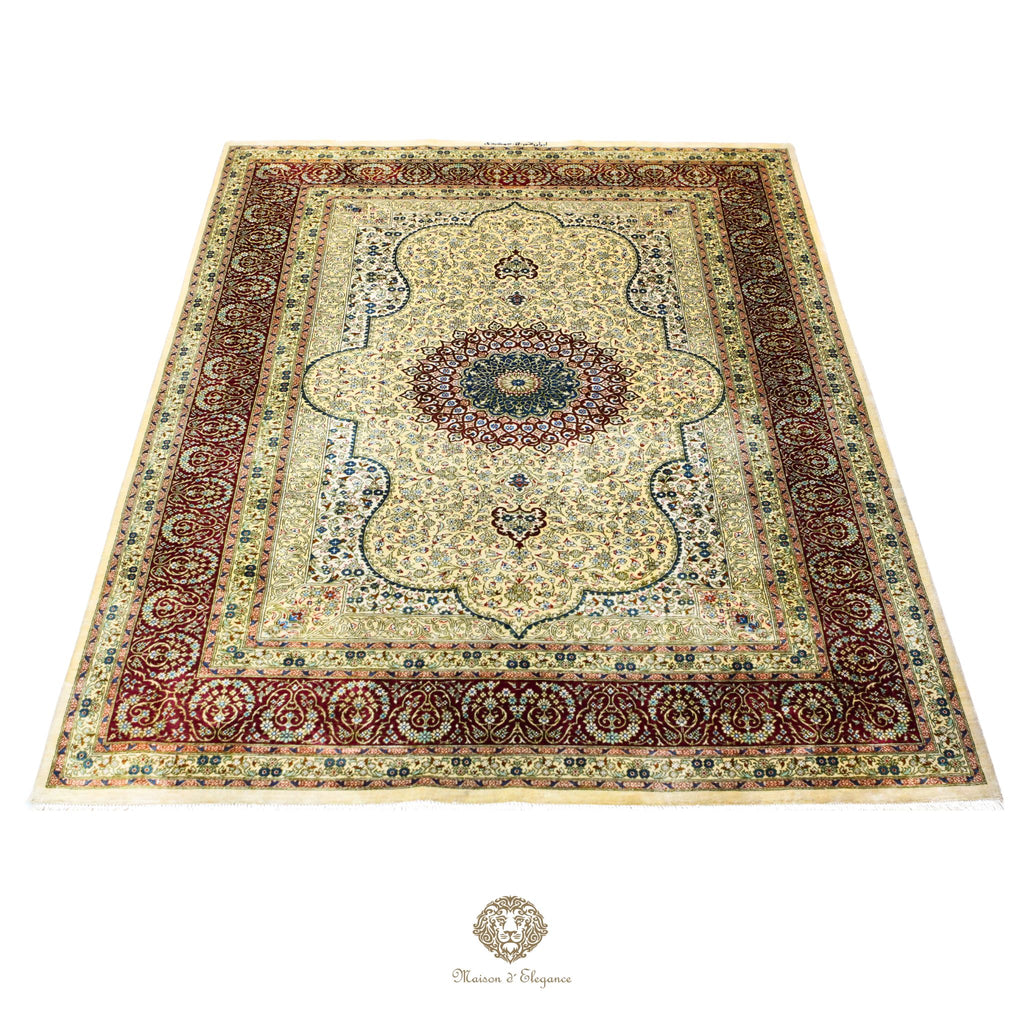 Alfombra persa exclusiva quom de seda pura | Obra maestra anudada a mano con tintes naturales, firmada, 133x196 cm, diseño medalion