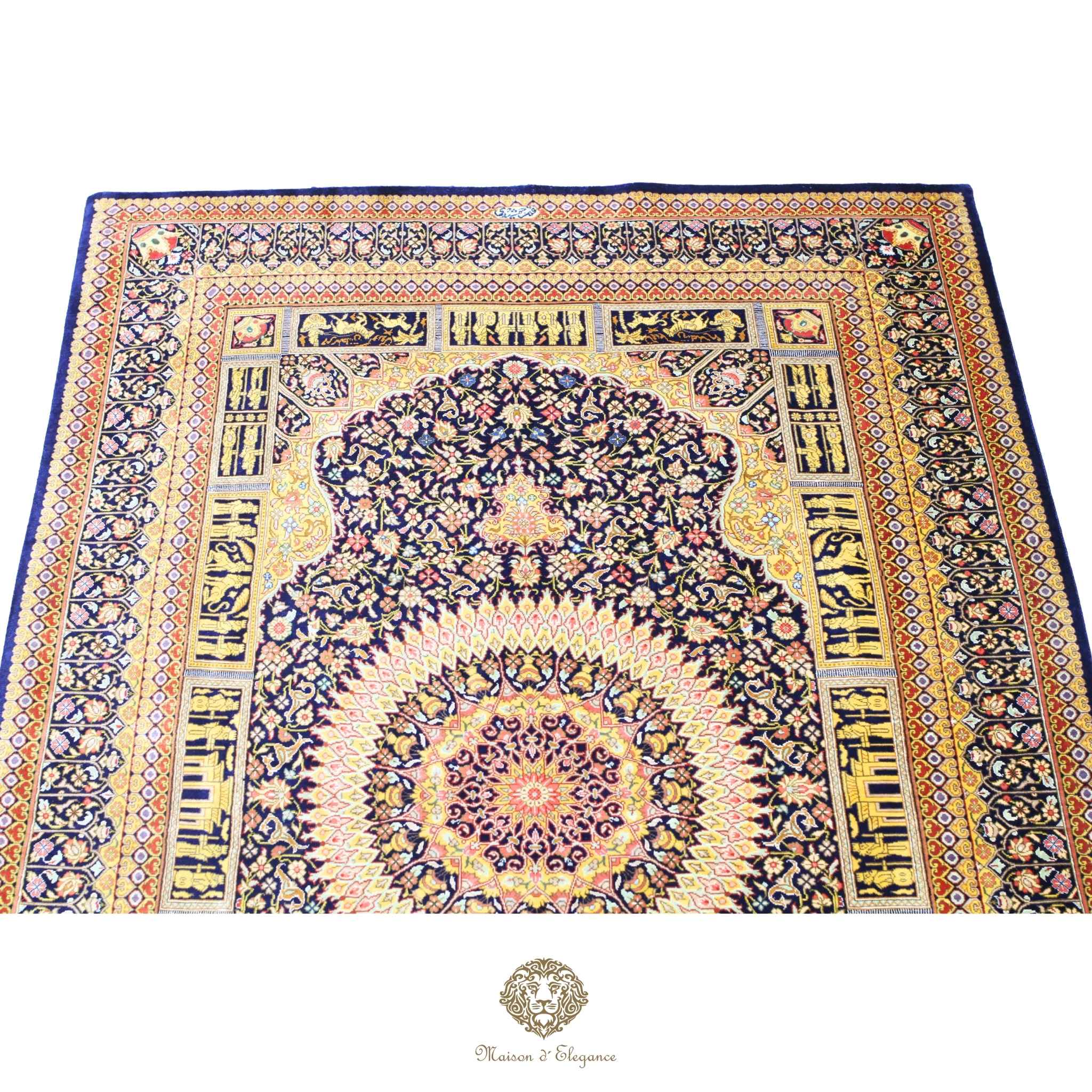 Alfombra persa exclusiva de seda pura, anudada a mano, teñida de forma natural, obra maestra de alta gama, firmada, 98 x 160 cm