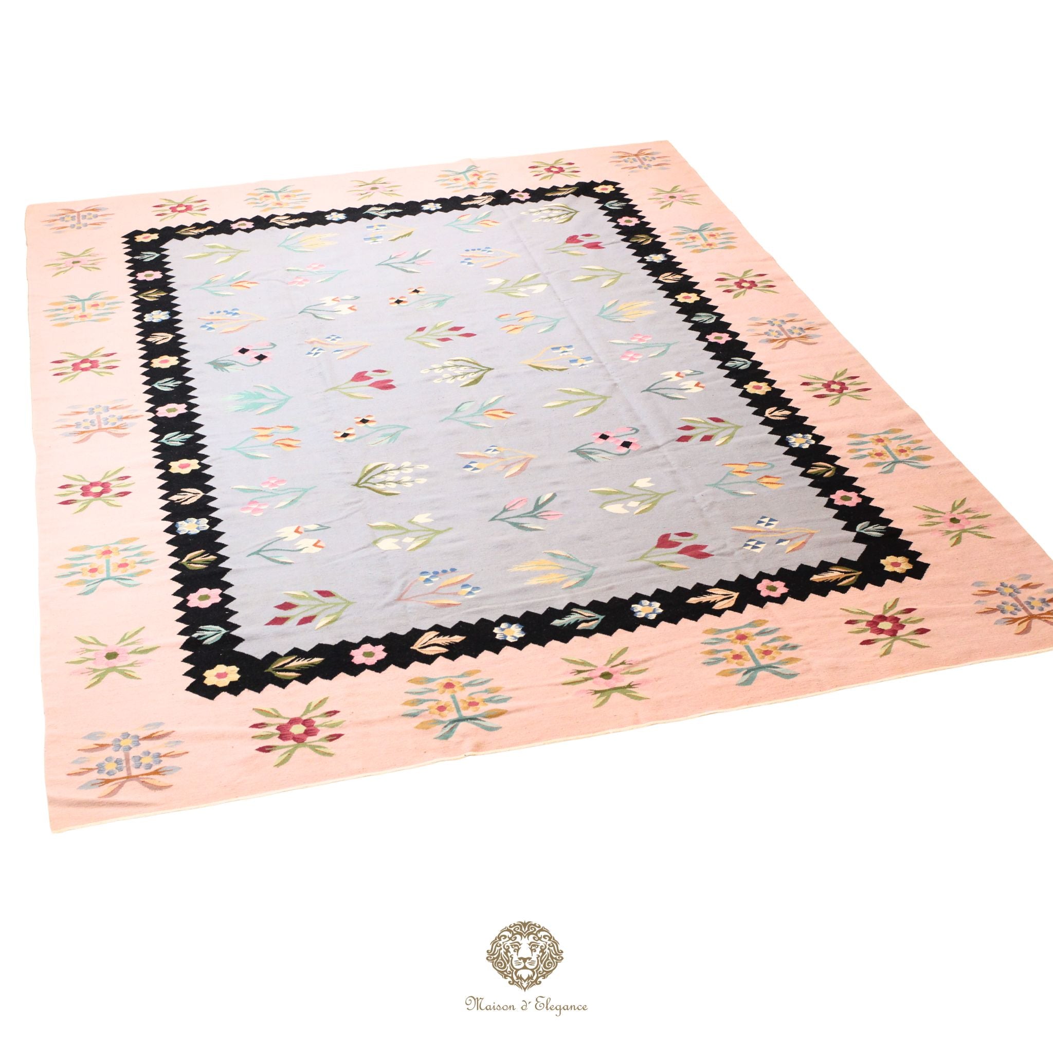 Alfombra Kilim fina, tejido plano, lana color natural | Diseño floral europeo, 281x387 cm
