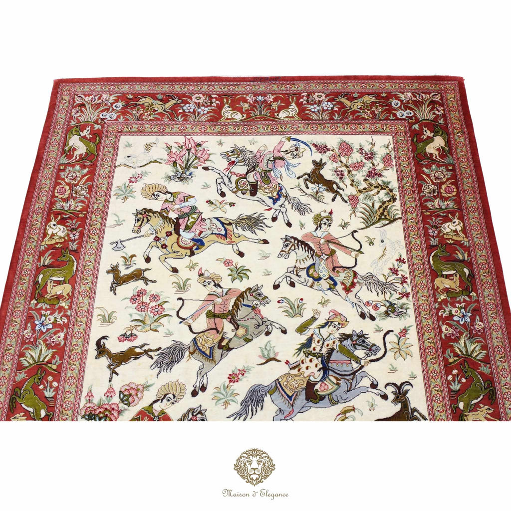 Alfombra persa exclusiva de seda pura - Obra maestra anudada a mano con tintes naturales, firmada, 98 x 156 cm, diseño de caza.