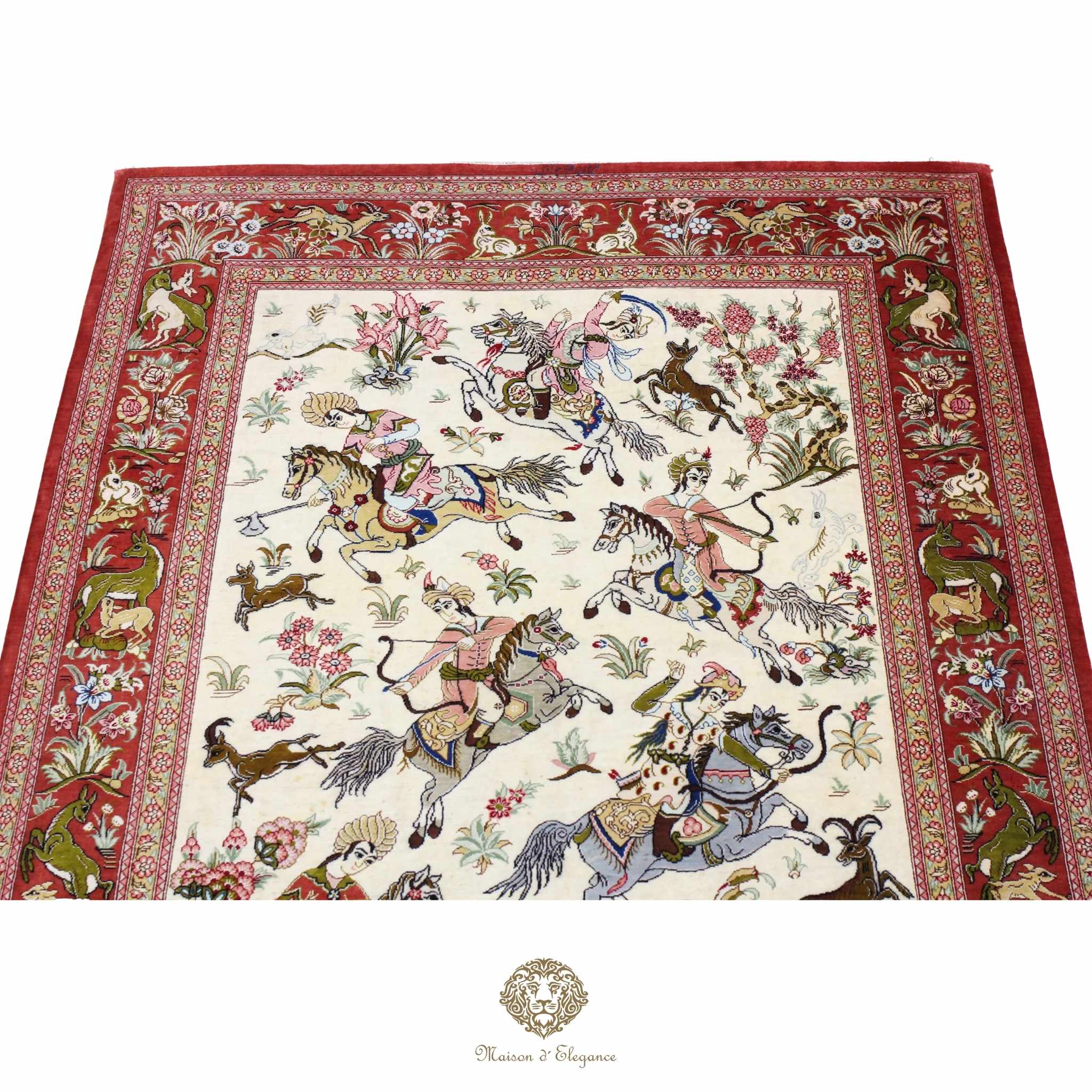 Alfombra persa exclusiva de seda pura - Obra maestra anudada a mano con tintes naturales, firmada, 98 x 156 cm, diseño de caza.