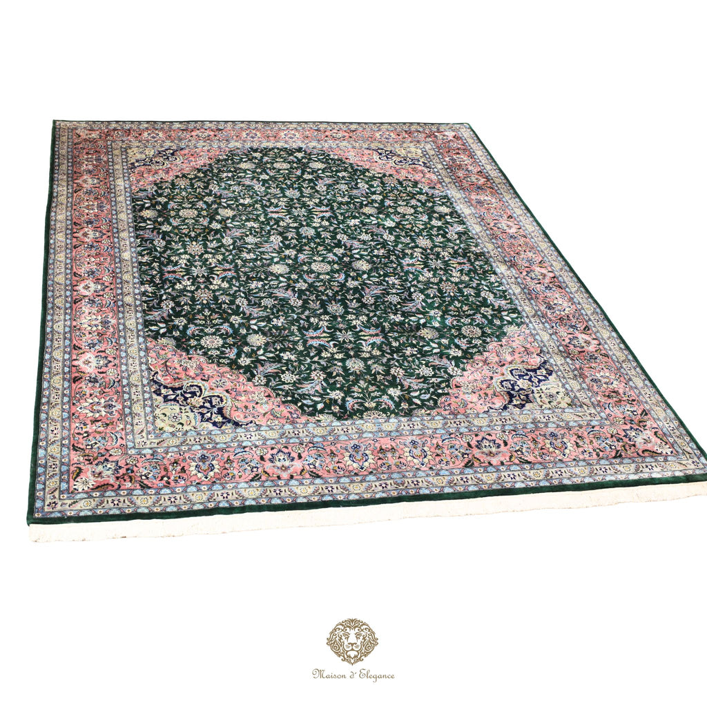 Alfombra de lana estilo Tabriz, superfina color verde marfil con diseño floral | Elegancia 280x390 cm