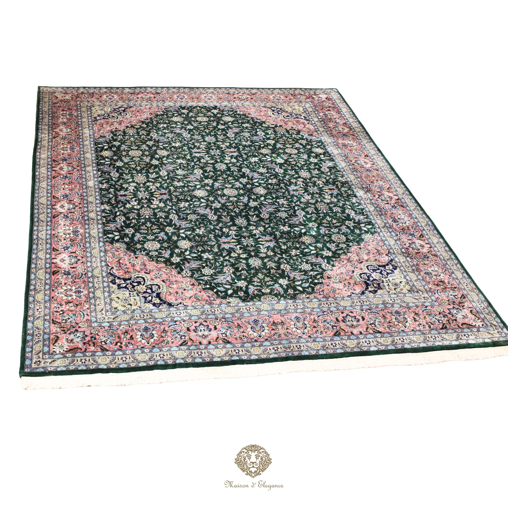Alfombra de lana estilo Tabriz, superfina color verde marfil con diseño floral | Elegancia 280x390 cm