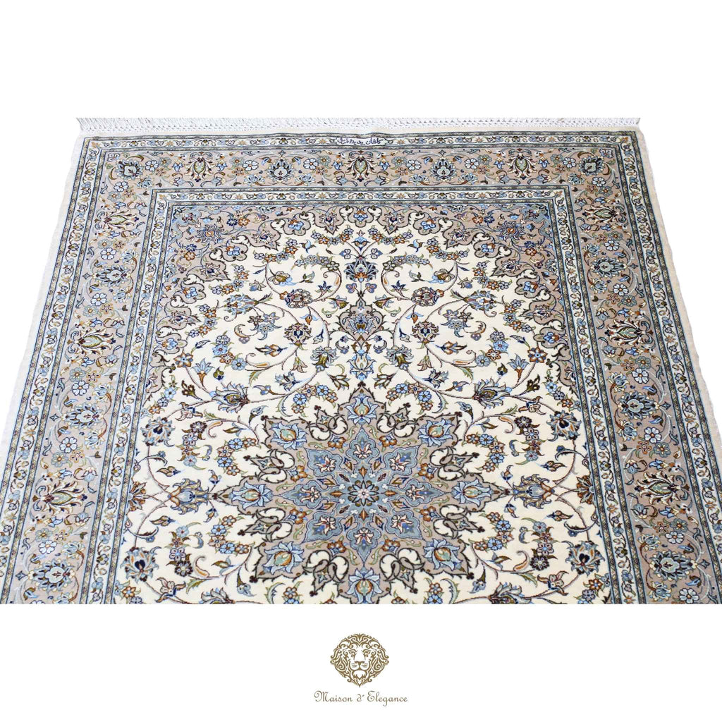 Alfombra persa exclusiva de seda pura, anudada a mano, teñida con tintes naturales, obra maestra de alta gama, firmada, 98 x 150 cm. Diseño Medallón.