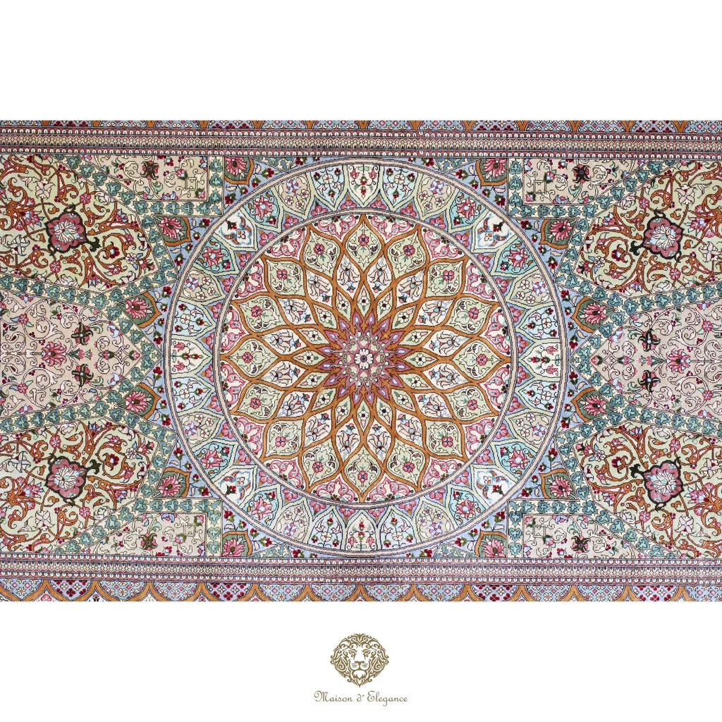 Alfombra persa exclusiva de seda pura, anudada a mano, teñida con tintes naturales, diseño Medallón, obra maestra de alta gama, firmada, 100 x 153 cm.