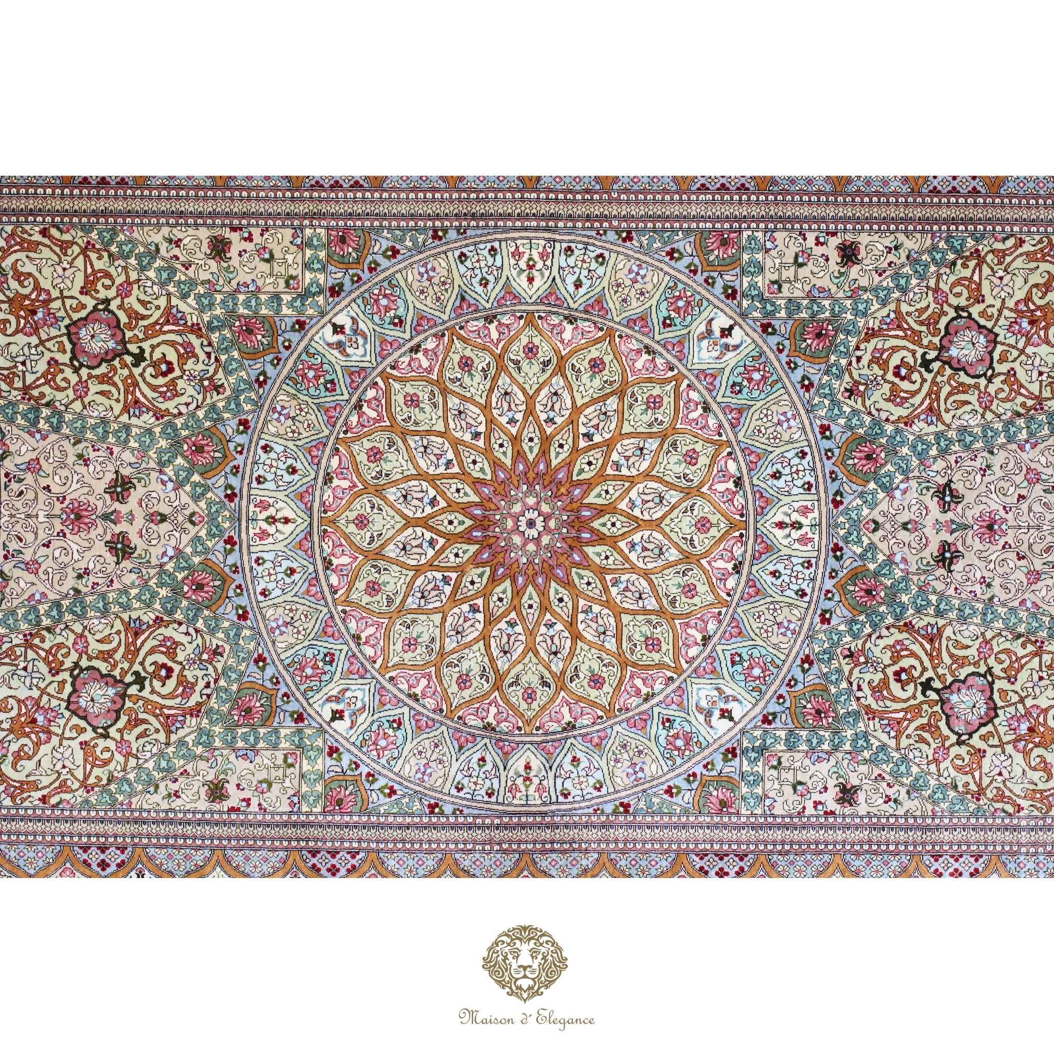 Alfombra persa exclusiva de seda pura, anudada a mano, teñida con tintes naturales, diseño Medallón, obra maestra de alta gama, firmada, 100 x 153 cm.