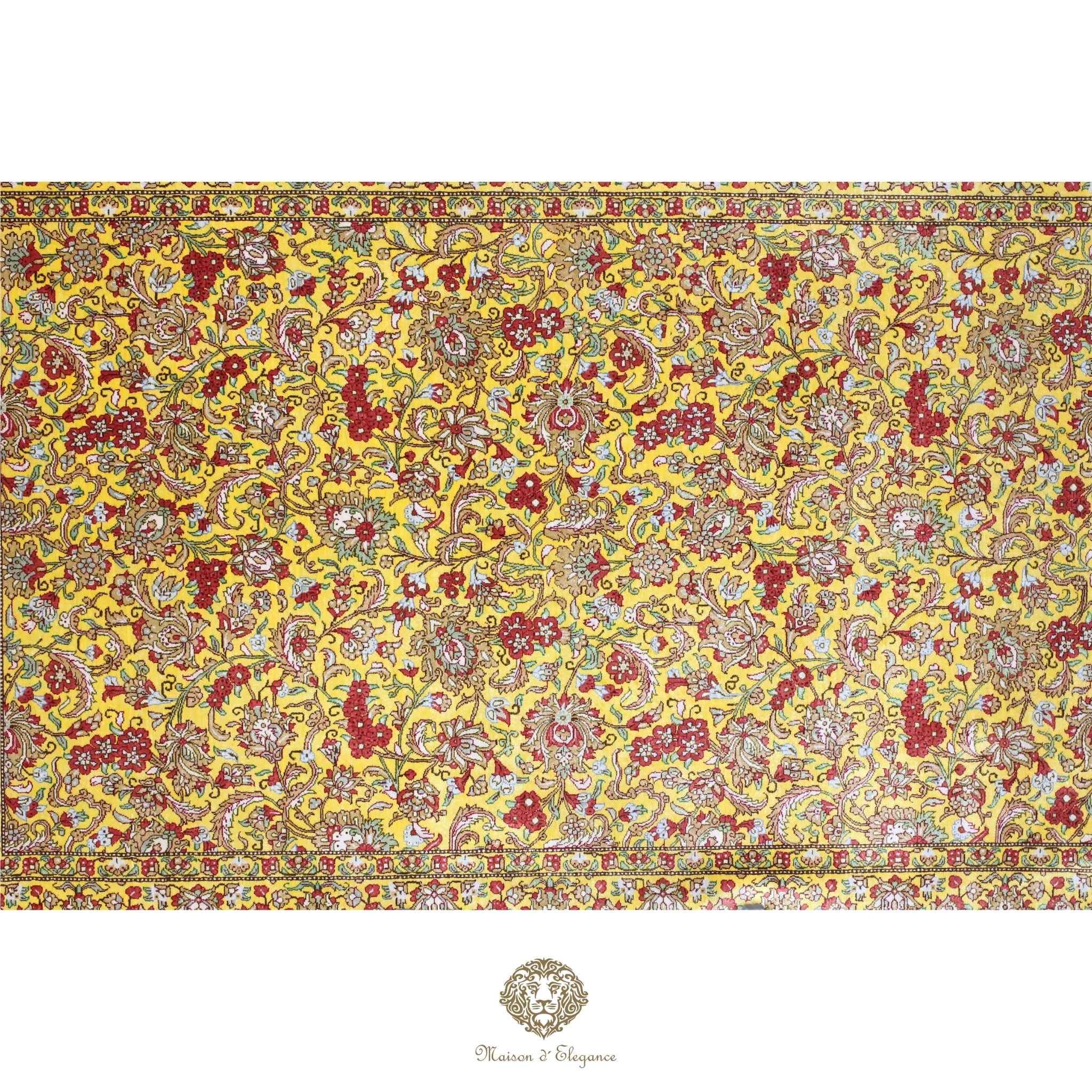 Alfombra persa exclusiva de seda pura - Obra maestra anudada a mano con tintes naturales, firmada, 101 x 159 cm, diseño floral integral.