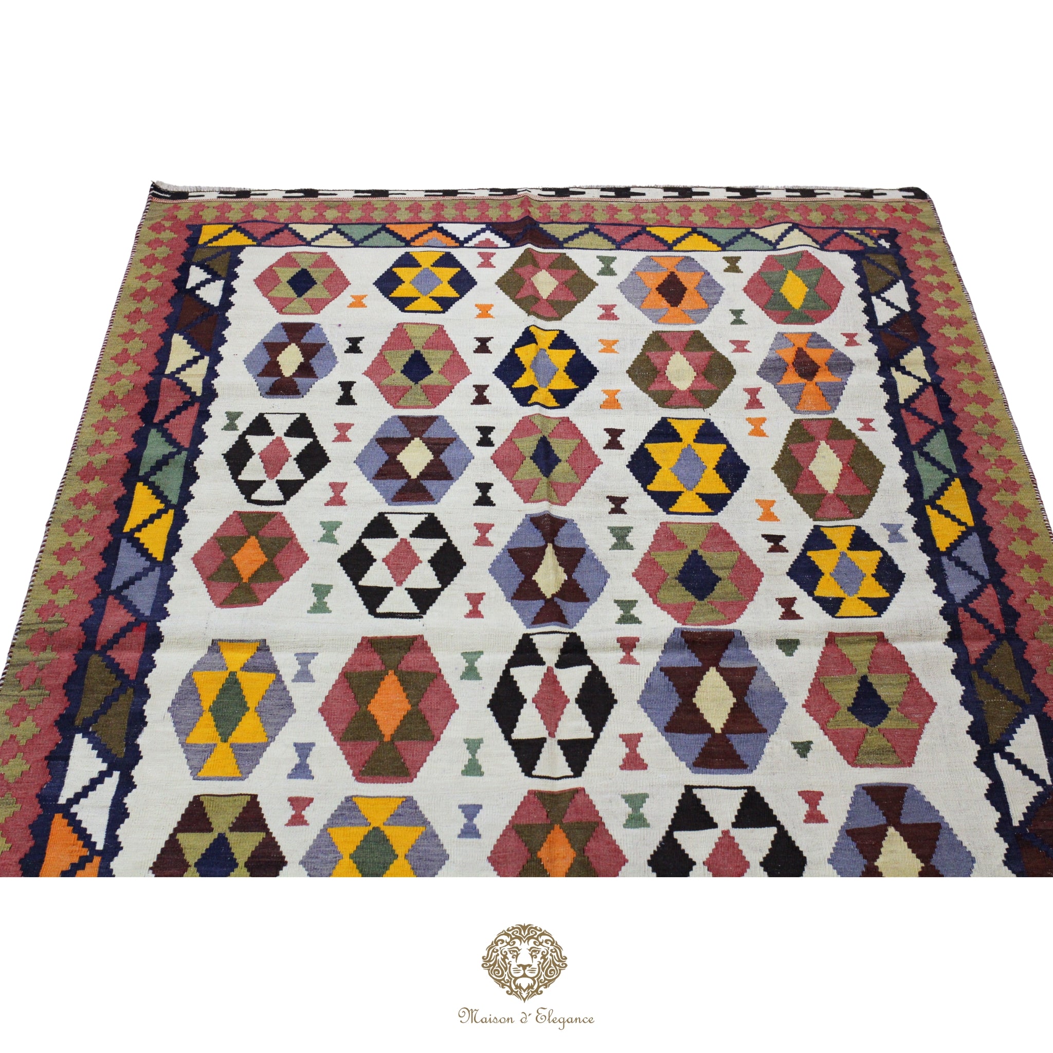 Alfombra Kilim Persa Qashqai Antigua Lana Natural Diseño Geométrico 163x258 cm