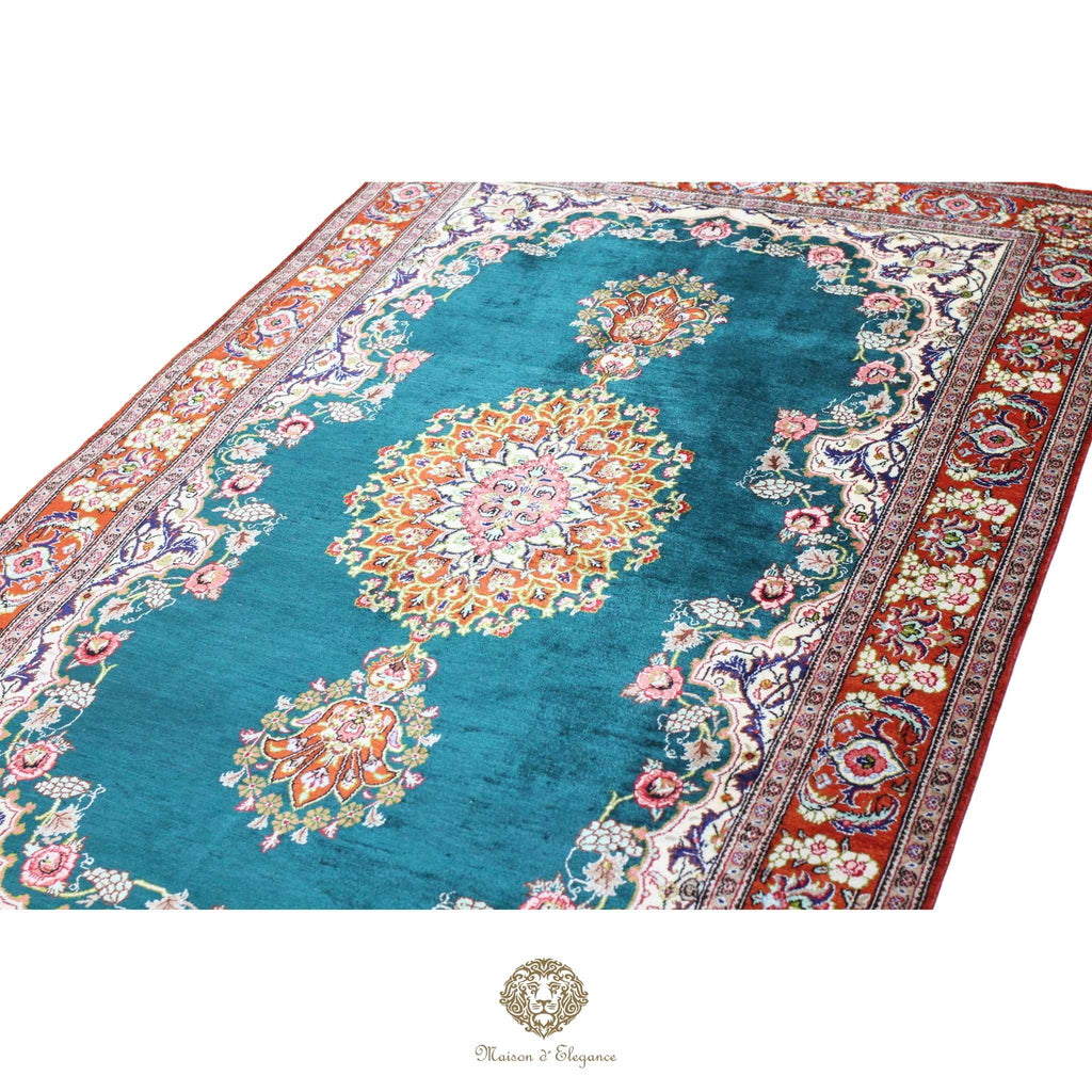 Alfombra persa exclusiva de seda pura, anudada a mano, teñida de forma natural, obra maestra de alta gama, firmada, 157 x 98 cm Turquesa