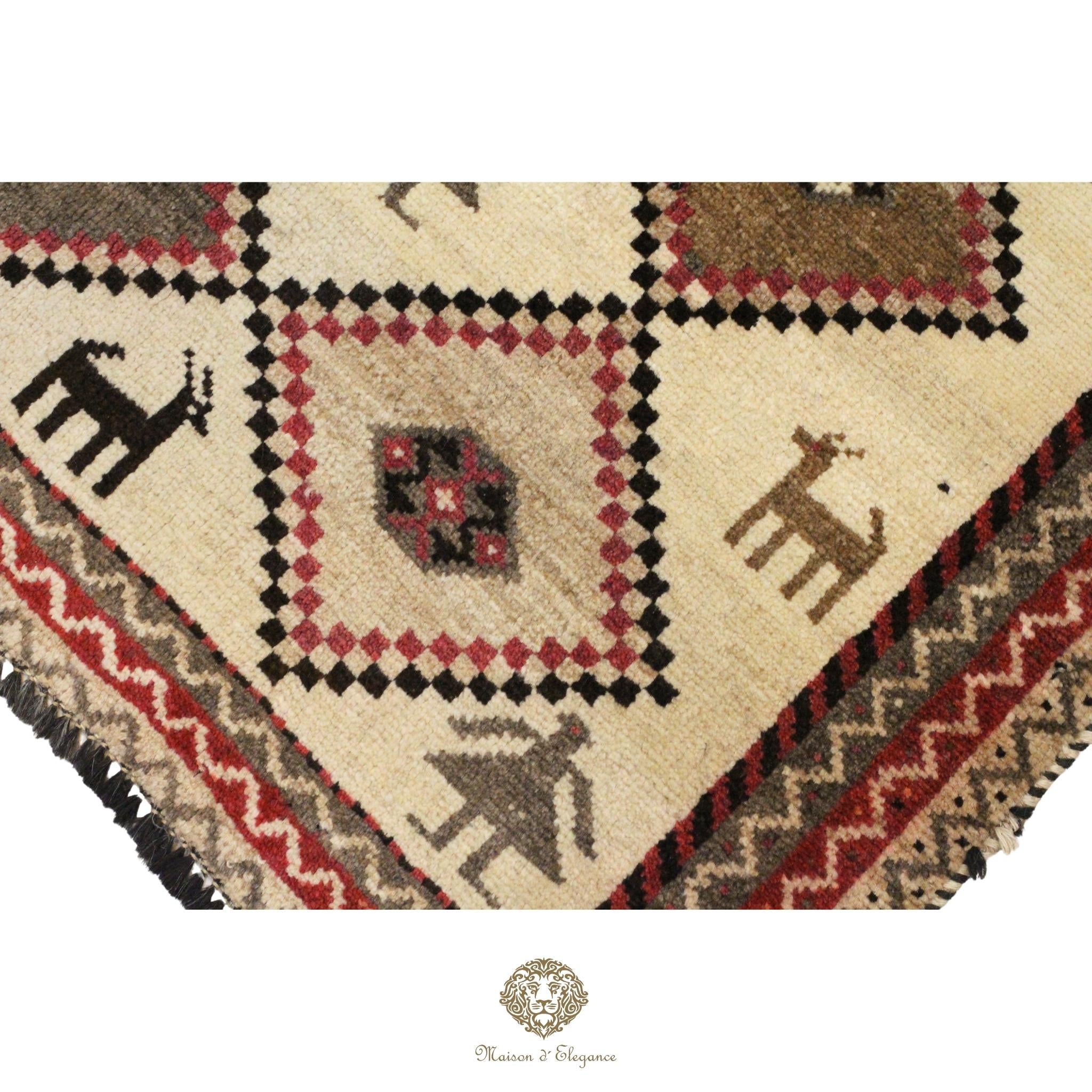 Decorative rug with geometric patterns and animal symbols on a beige background