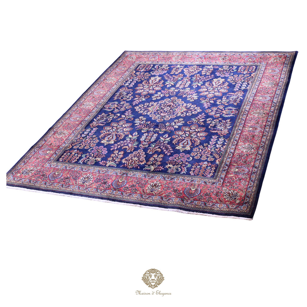 Alfombra de lana estilo KSarough de la India | Alfombra oriental con diseño floral integral en tonos azul marino 238 x 302 cm