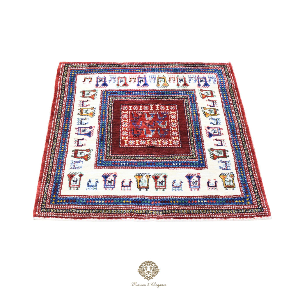 Alfombra Loribaft rojo persa Artesano nómada | Lana Artesanal diseño de animales 102x108 cm