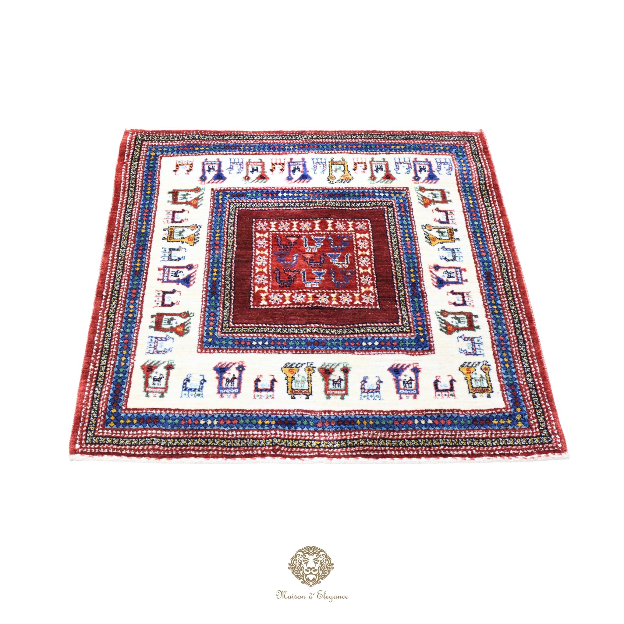 Alfombra Loribaft rojo persa Artesano nómada | Lana Artesanal diseño de animales 102x108 cm