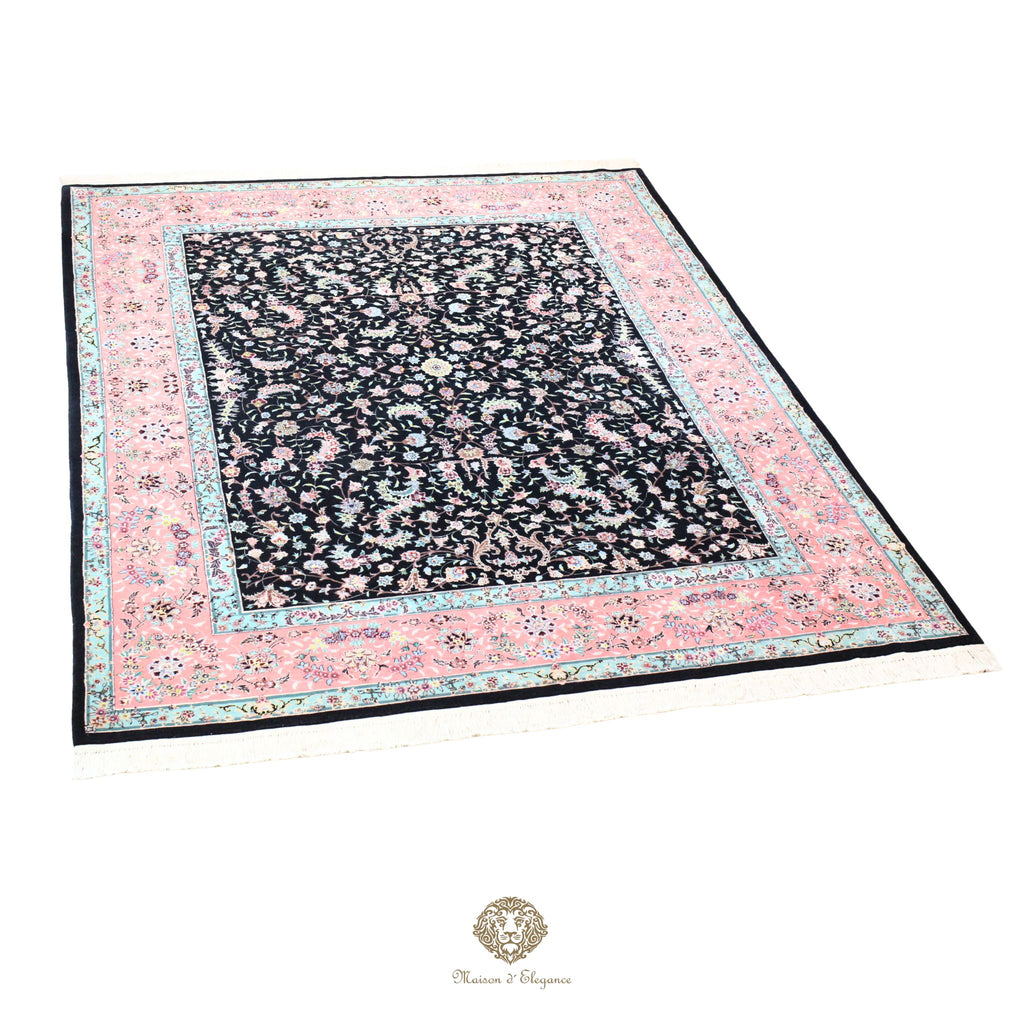 Alfombra de lana estilo Tabriz, superfina color negro marfil con diseño floral | Elegancia 243x330 cm