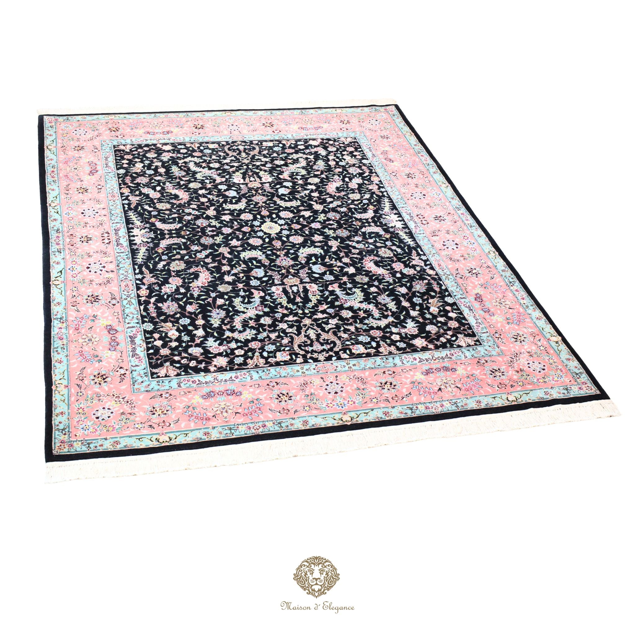 Alfombra de lana estilo Tabriz, superfina color negro marfil con diseño floral | Elegancia 243x330 cm