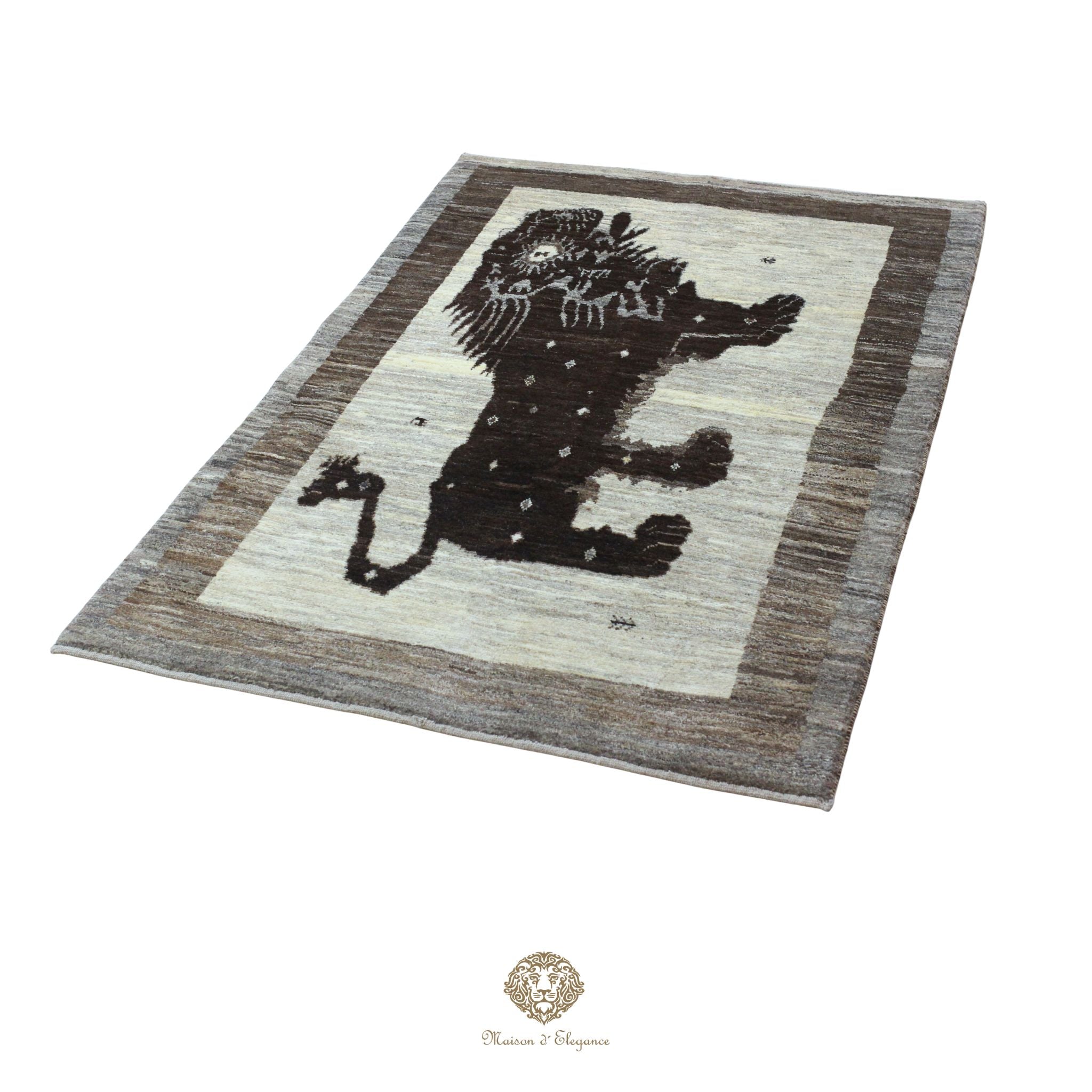 Alfombra persa Yalameh con diseño tribal de león, teñida con tintes naturales | Hecha a mano, 123 x 180 cm